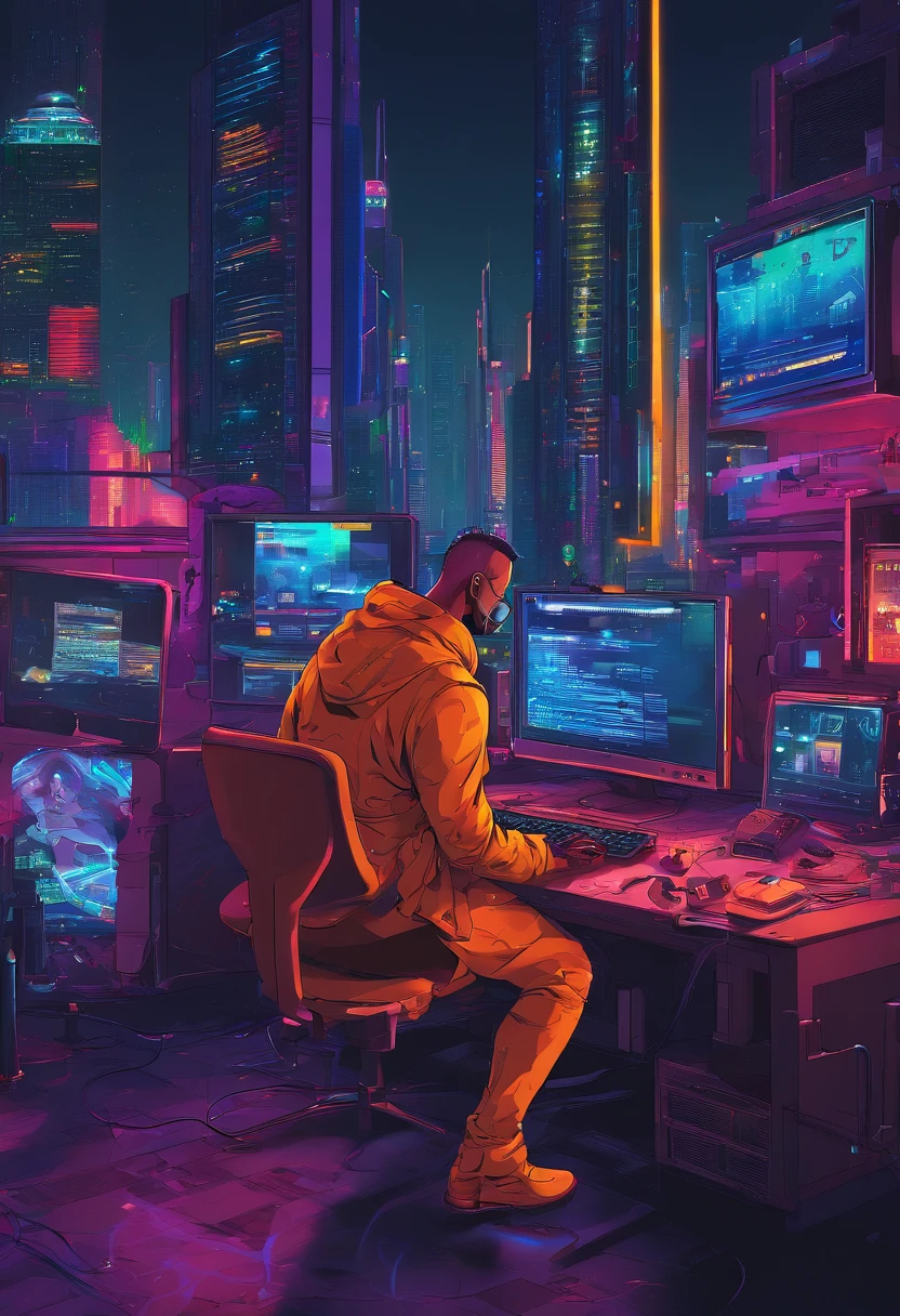 A man is updating a blog using a computer in his room. He wears loungewear. My hobby is muscle training. In his room there are proteins and dumbbells. High-quality depiction.