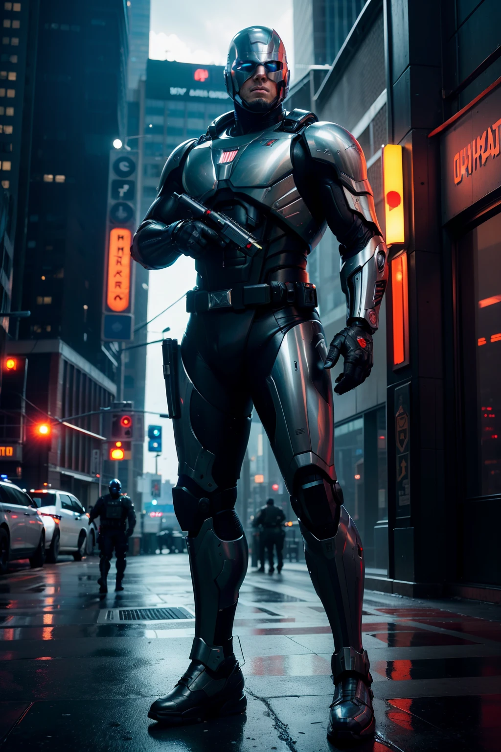 Ben Affleck as a futuristic cyberpunk Robocop holding a gun, glowing lights, (dynamic pose), (hyper realistic:1.4), (realistic:1.3), (best quality real texture skin), full body, (Cinematic Light), highly detailed skin, skin pores, (highly detailed face:1.1), (highly detailed eyes:1.1), realistic pupils, (perfect anatomy:1.1), (perfect proportions:1.1), (photography:1.1), (photorealistic:1.1), volumetric lighting, dynamic lighting, real shadows, (highres:1.1), sharp focus, daylight, (realistic, hyperrealistic:1.4), intricate, high detail, dramatic, subsurface scattering, big depth of field, vivid, polished, sharpened, ((full Sharp)), (extremely absurdres),8k hdr, cyberpunk Chicago police station background,