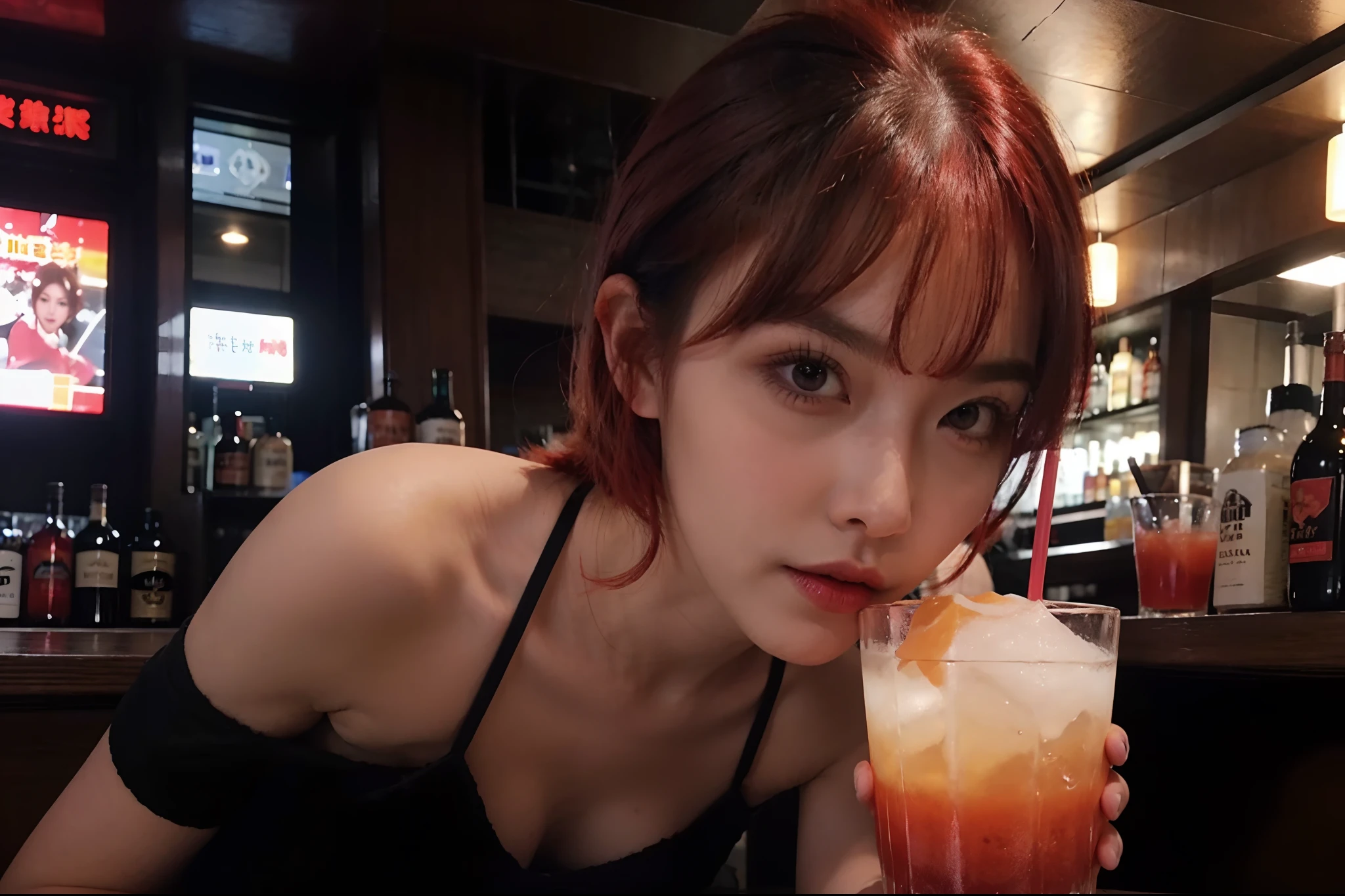 red hairs、short-hair、Girls Bar、Beautiful woman drinking alcohol in bar、Night Bar、Dark Bar、Beautiful beauties、The beauty of drinking cocktails、Flashy hair