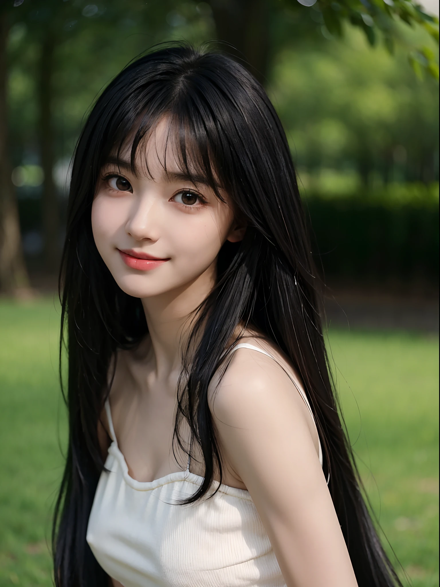 girl with1a person、14--old l、cute face、delicated face、Feminine atmosphere、Coquettish smile、Lustrous lips、tthin eyebrows、cute eye、Very long black hair、Silky long straight hair、Beautiful bangs、Long bangs、Delicate figure、Black Tube Top Bra、JINS、a park