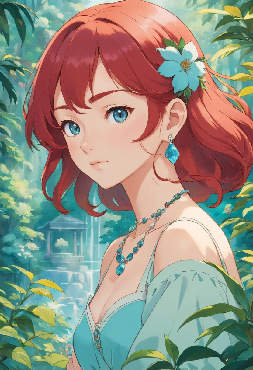 Red-Haired Princess, Long necklaces and earrings, In the style of a tranquil garden landscape, Animated color photos, Masami Teraoka, aquamarine, paul gauguin, Embry style, Honest portrait