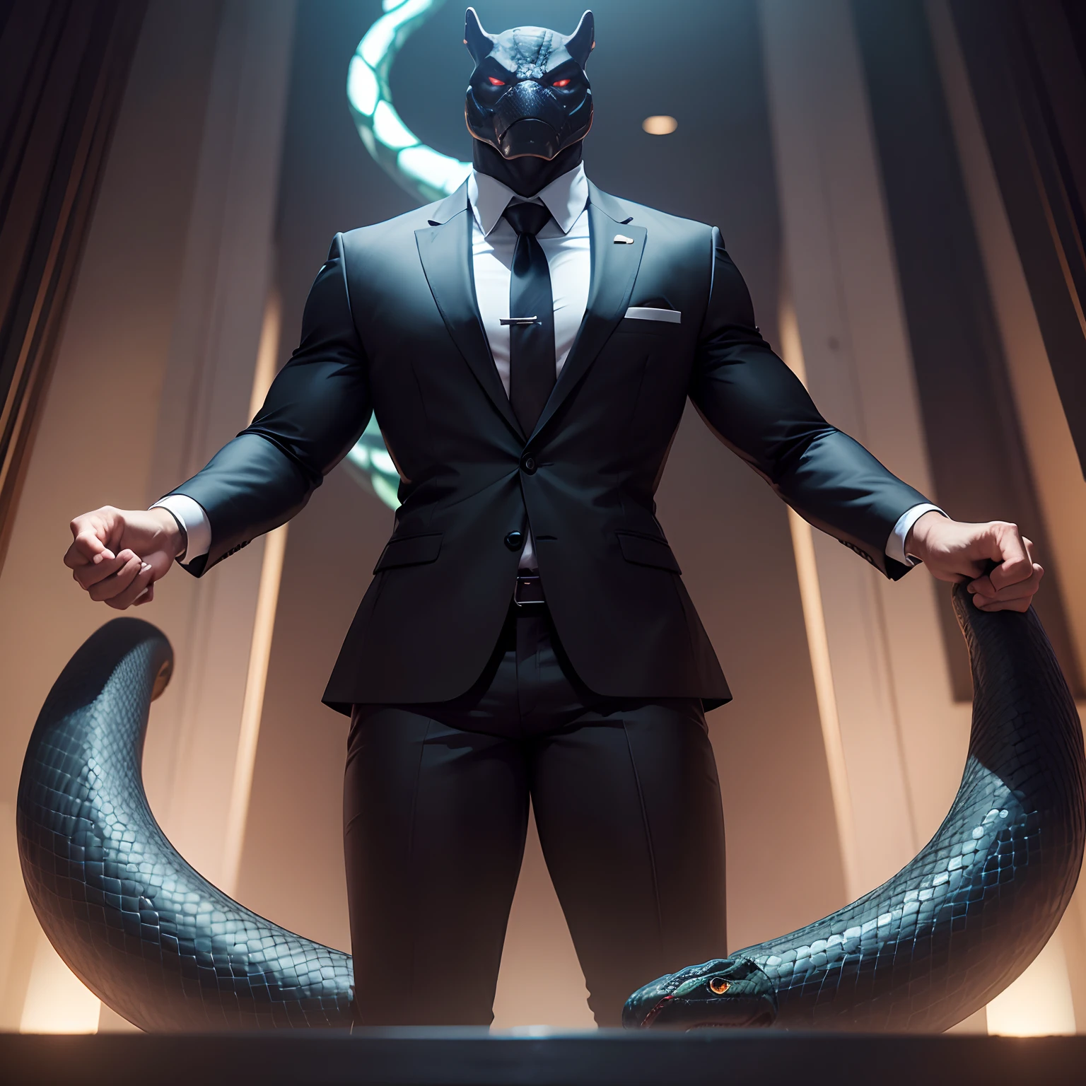 Humanoid  snake muscled ,  with a snake's head black with  a tail with 2 huge arms ,  in suit with a tie , full body