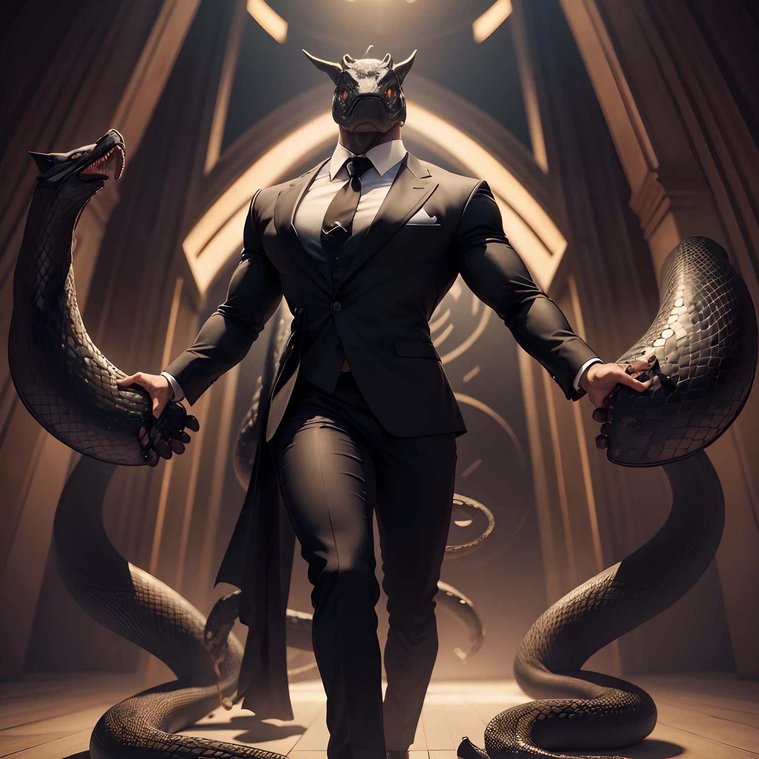 Humanoid  snake muscled ,  with a snake's head black with  a tail with 2 huge arms ,  in suit with a tie , full body