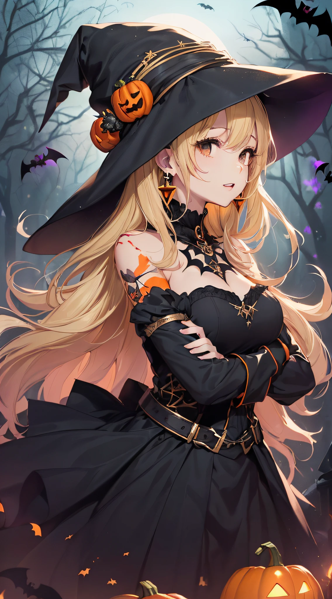 top-quality、Top image quality、​masterpiece、s girl((18year old,Black Wizard Hat、Black and orange sexy clothes,Orange and black skirt、Orange muffler,Best Bust、Bust 85、Blonde long hair,Black eyes、open chest wide、Valley、Happiness、A slender、Blood coating、Emphasis on the chest、Bats tattoo、Gold Earrings、Beckon motion、Cross your arms behind your back、leaning forward)）hiquality、Beautiful Art、Background with((natta、dark sky、Halloween at night、the bats、pumpkins,Nightmare、Halloween、in woods))、Depth(Beautiful black house),masutepiece、Elaborate design、visualart、high contract、The best lighting、highestdetailed、low angles