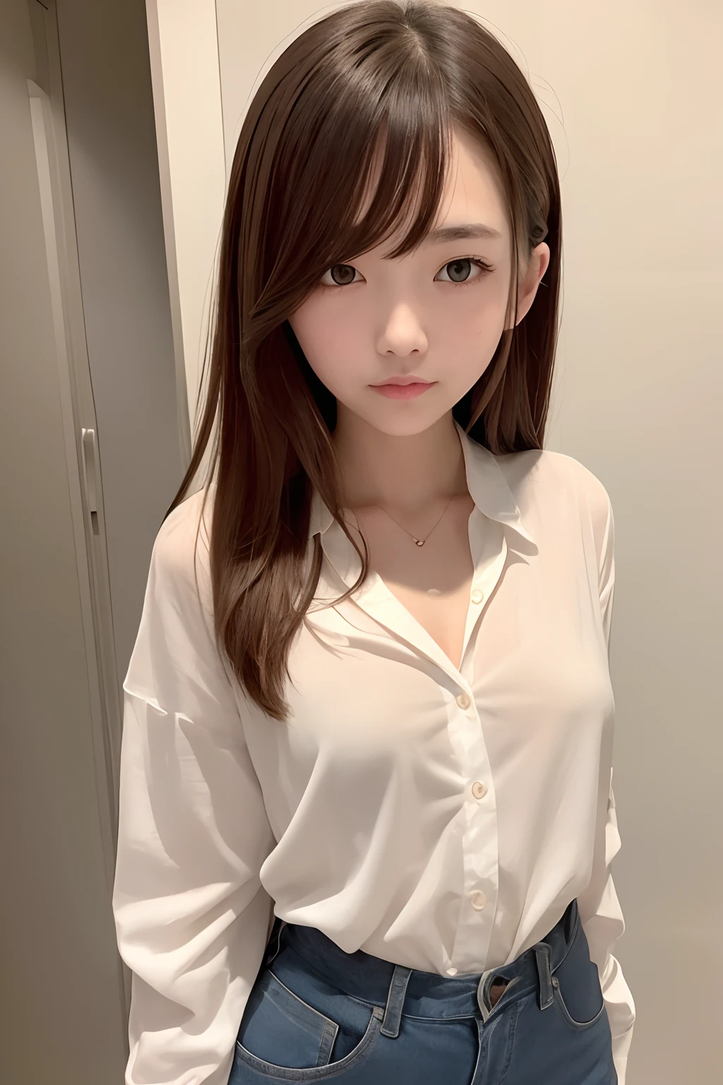 a beauty girl、cute face、Very small breasts、slender body and limbs,、Turn around with your back、Take your eyes off the camera、Unbutton your shirt、Brown hair、Standing position of the entire face in front、Leaning forward、Shirt with wide open chest、Keep previous face、