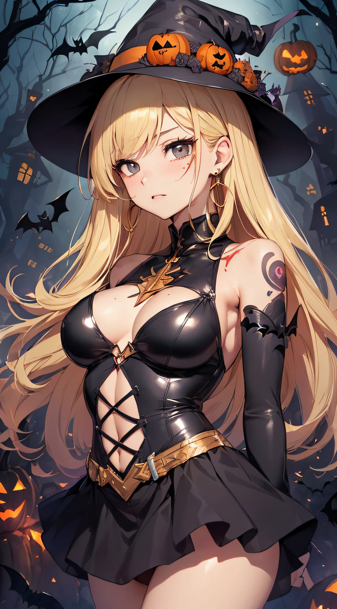 top-quality、Top image quality、masterpiece、s girl((18year old,Black Wizard Hat、Black and orange sexy clothes,Orange and black skirt、Orange muffler,Best Bust、Bust 85、Blonde long hair,Black eyes、open chest wide、Valley、Happiness、A slender、Blood coating、Emphasis on the chest、Bats tattoo、Gold Earrings、Beckon motion、Cross your arms behind your back、leaning forward))hiquality、Beautiful Art、Background with((natta、dark sky、Halloween at night、the bats、pumpkins,Nightmare、Halloween、in woods))、Depth(Beautiful black house),masutepiece、Elaborate design、visualart、high contract、The best lighting、highestdetailed、low angles