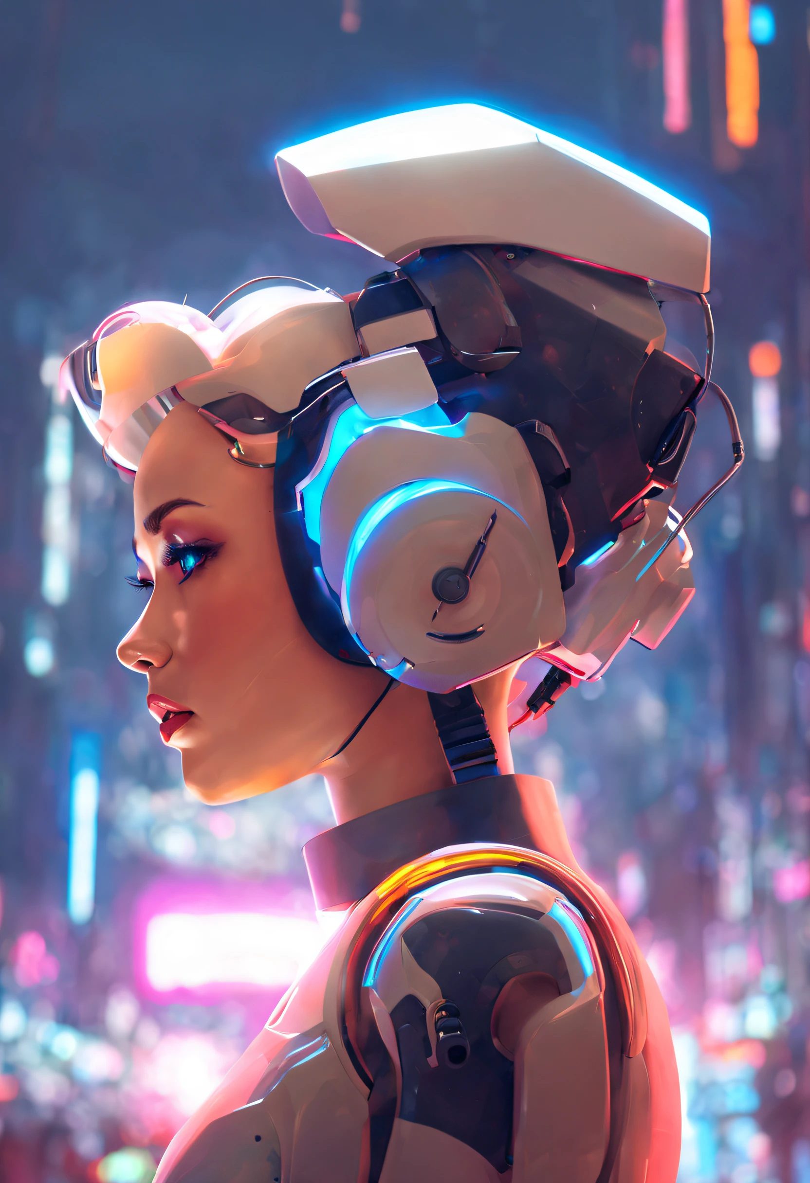 A woman wearing headphones stands next to a robot, cyberpunk art by Jason A. Engle, cgsociety, retrofuturism, illya kuvshinov, Sci-Fi, Futuristic, Vibrants, Photorealistic, Realistic, dramatic, Cinematic lighting, sharp-focus, 8K