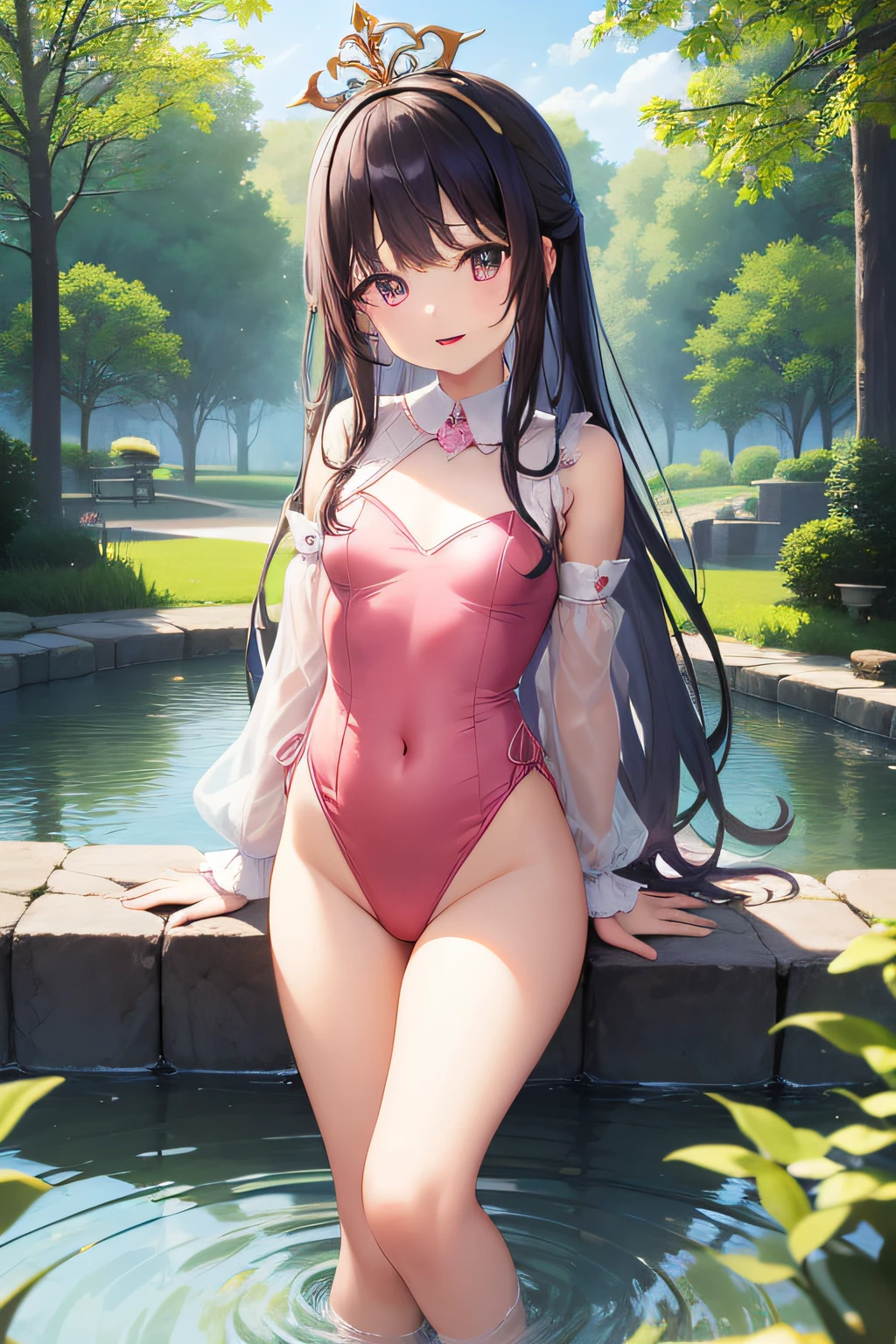 top-quality、extremely delicate and beautiful、Soio、Soio、8--old l、japanes、Lori、Chiquita、elementary stu、((Pink leotard))、（highleg）、Tiara on the head、A smile、is standing、Facing the front、Pond in the background、the woods