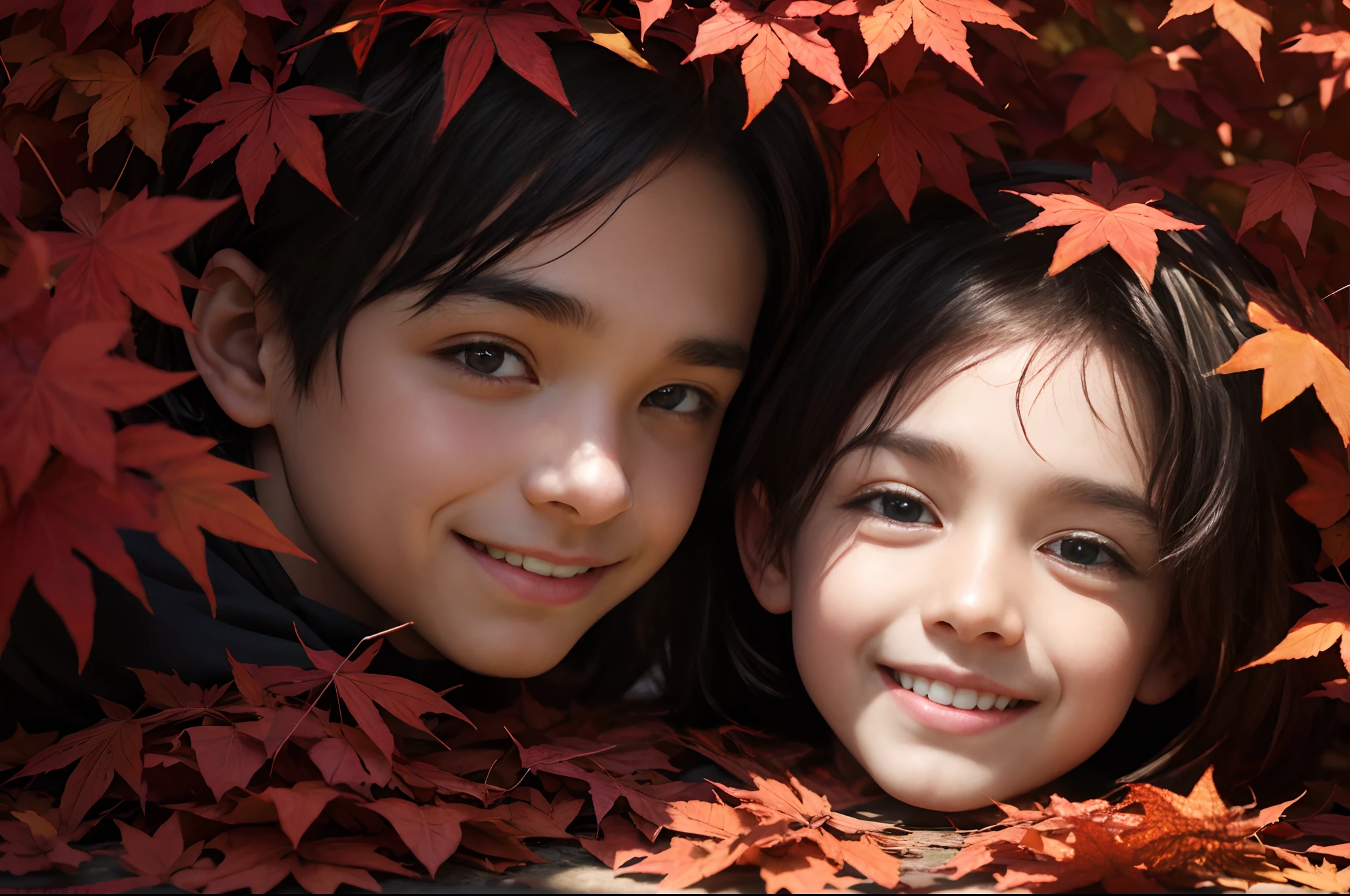 Portrait of a  hidding his face behind reddish maple leaves. He smiles.Autumnal forest as background. Highly detailed, illuminated by sun filtering through the trees.