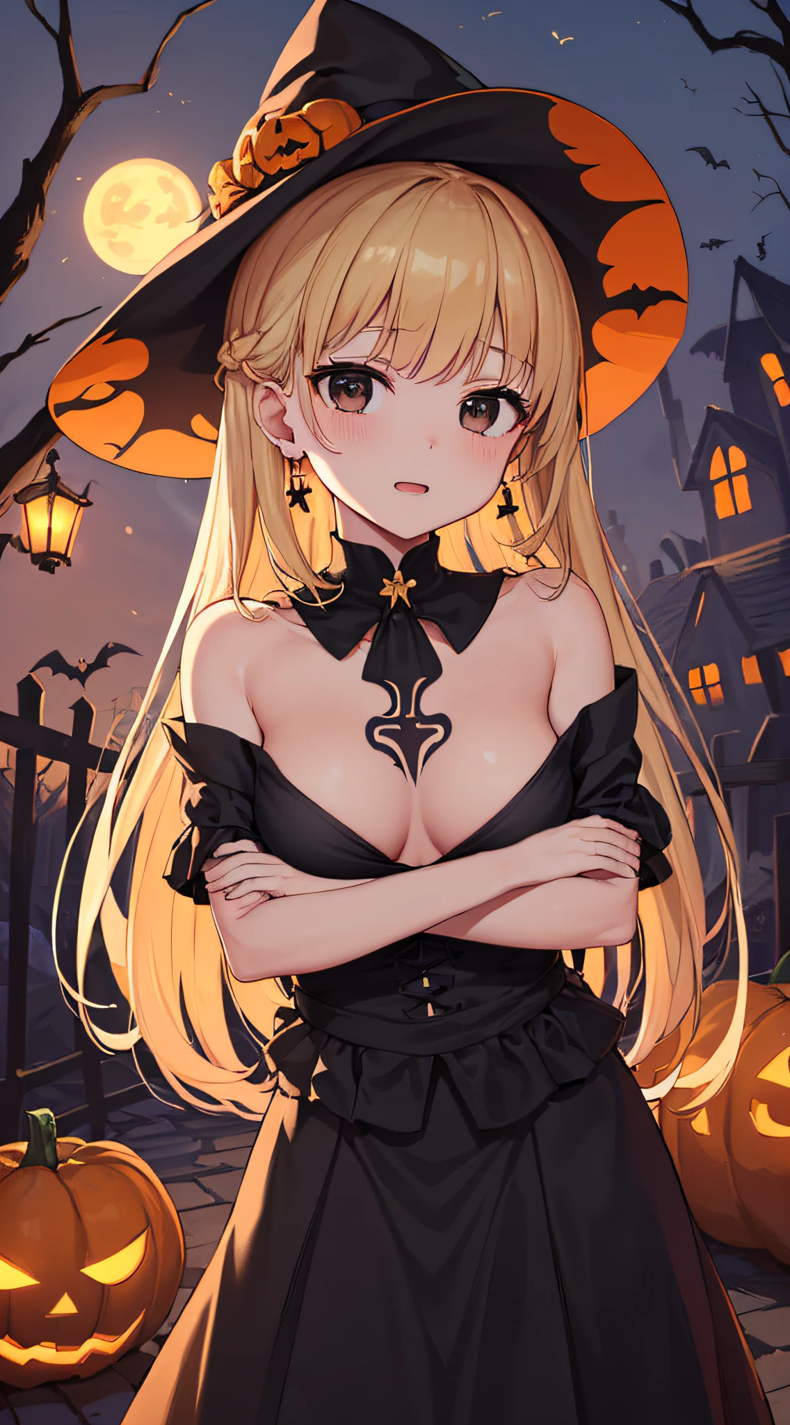 top-quality、Top image quality、masterpiece、s girl((18year old,Black Wizard Hat、Black and orange sexy clothes,Orange and black skirt、Orange muffler,Best Bust、Bust 85、Blonde long hair,Black eyes、open chest wide、Valley、Happiness、A slender、Blood coating、Emphasis on the chest、Bats tattoo、Gold Earrings、Beckon motion、Cross your arms behind your back、Leaning forward))hiquality、Beautiful Art、Background with((natta、dark sky、Halloween at night、the bats、pumpkins,Nightmare、Halloween、in woods))、Depth(Beautiful black house),masutepiece、Elaborate design、visualart、high contract、The best lighting、highestdetailed、low angles