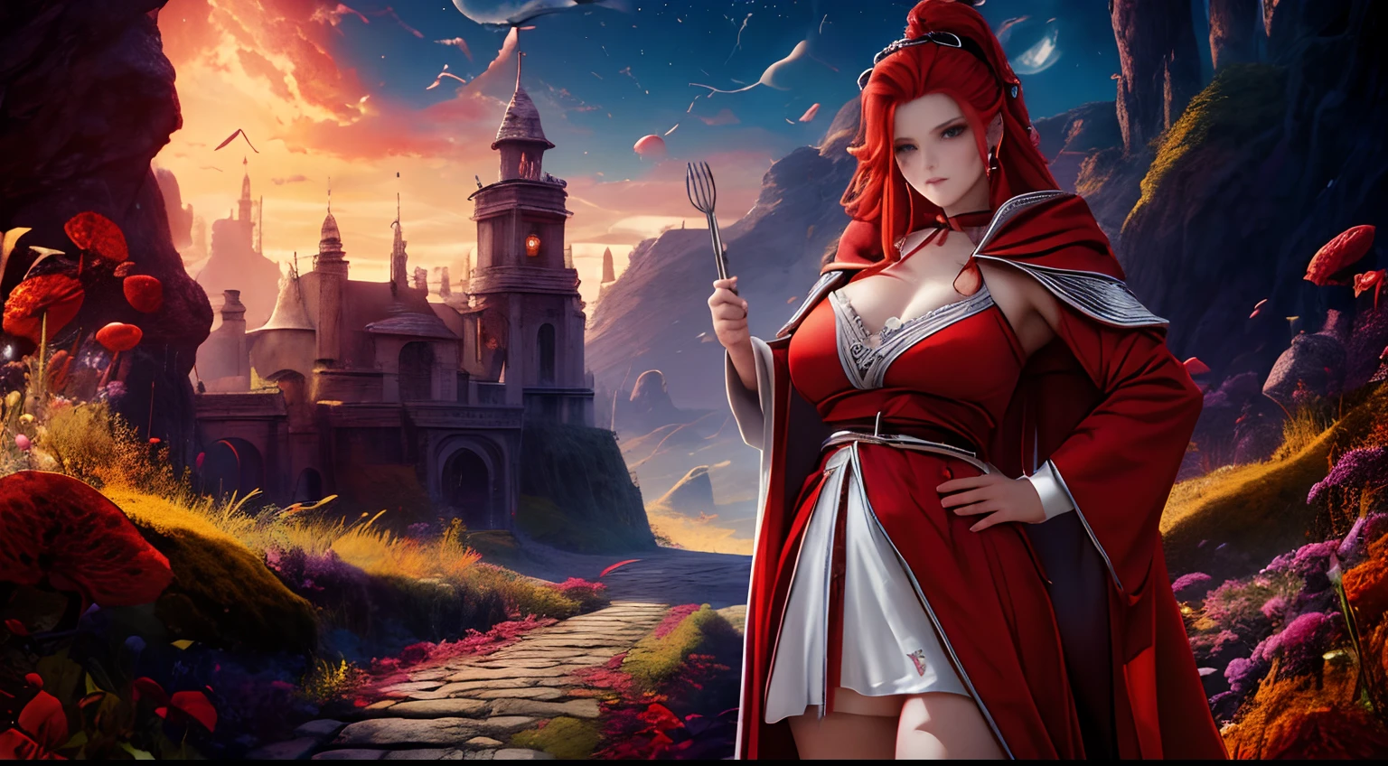 1 Holy Priest, Robe rouge et blanche, yeux rouges, cheveux roux, Fille de , Handmade spatula, Best quality, ultra highres, very detailed skin, high detail face, ceinture, collier religieux, Dans une prairie fantastique, arbres avec gros tronc, Soleil rouge, Best quality, ultra highres, Best quality, ultra highres,