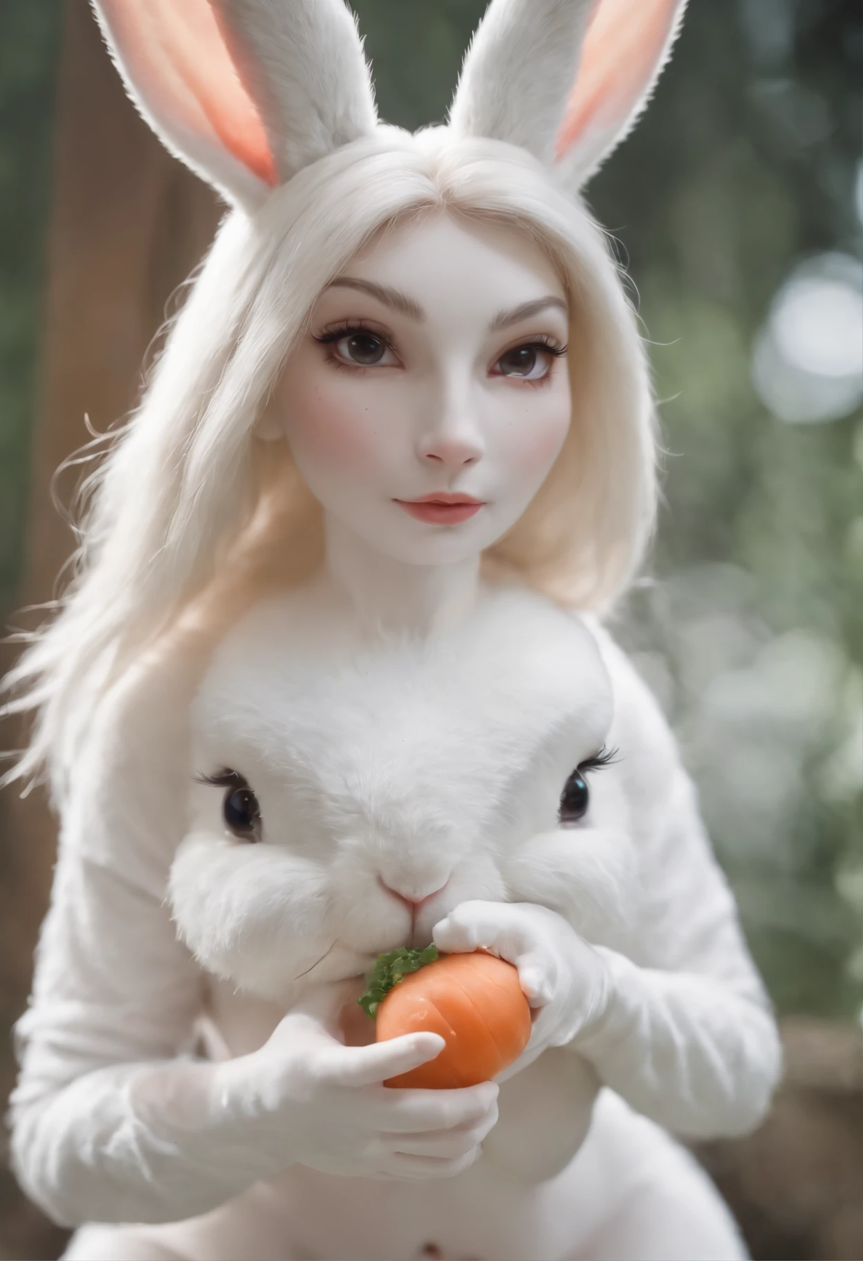 Anthro white bunny wearing nothing using carrot as dildo inbtween her wet vagina with breasts/nipples showing