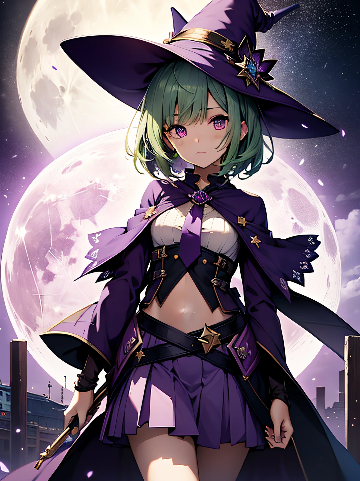 top-quality、extremely delicate and beautiful、(A teenage girl)、Purple Eye、Green hair、short-haired、(purple witch hat)、Purple tie、Soio、shortsleeves、Purple skirt、Purple Wizard Robe、Navel、is standing、Full moon night on background