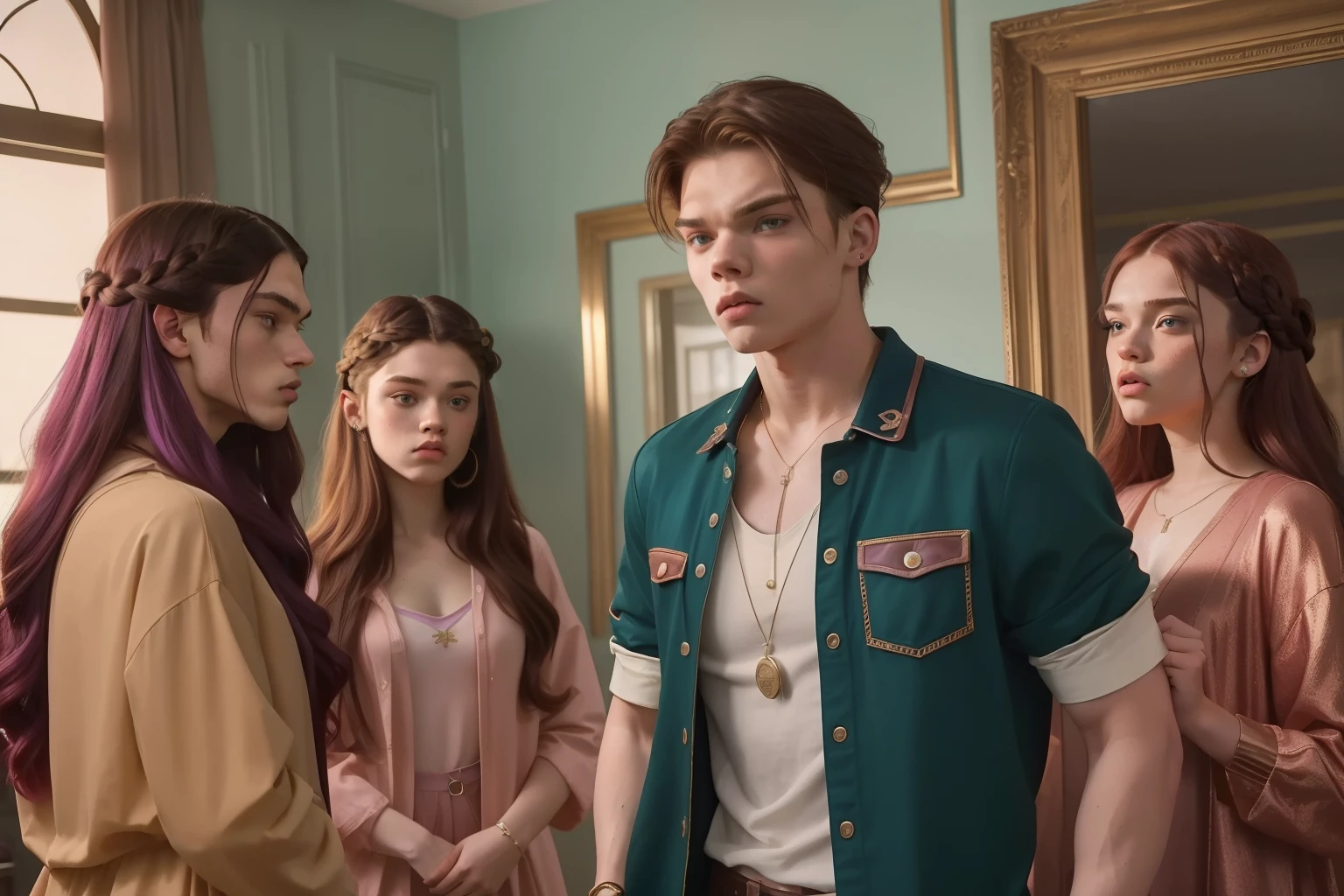year: 2023. Location: Phoenix. Pre-Raphaelite scene with a 21-year-old Dominic Sherwood disguised in ager clothes, ((unconfortable)) and ((angry)) in a teene party, surrounded by girls, ((((Clothing from the 2020s)))) ((Hairstyle of the 2020s)), pastel colors, (((cinematic style)))