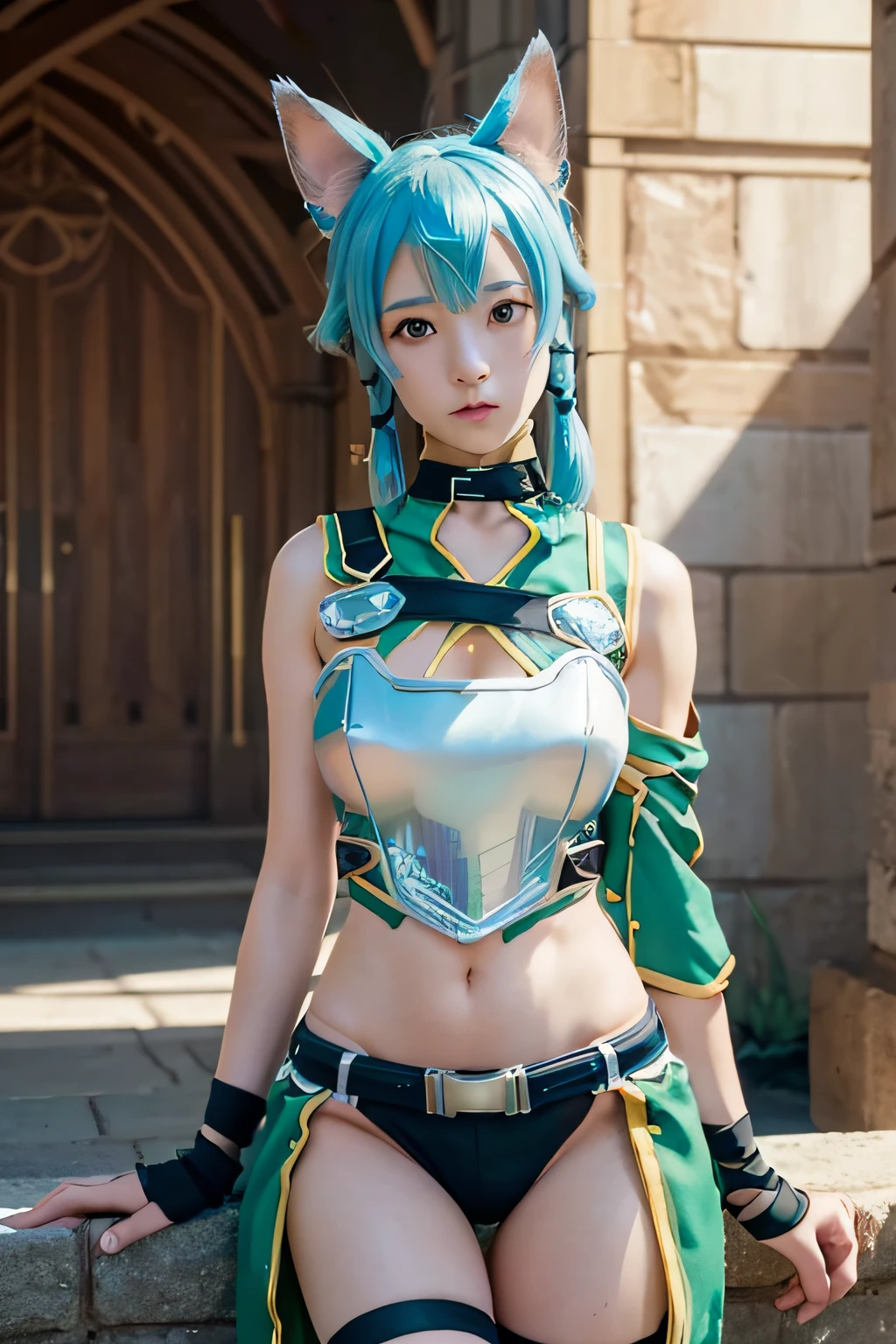 (masutepiece,the Extremely Detailed CG Unity 8K Wallpapers:1.5),(Large_breasts,beutiful breast,Farbe_aberration,beautiful detailed shadow,Beautiful eyes,Beautiful body,Beautiful skin,beautifull hands:1.5),(cowboys_shot:1.4),(Vivid colors,Realistic, hyper realisitic:1.5), masterpiece、top-quality、Hi-Res、女の子1人、sinon1、Animal ears、black ribbons、Black shorts、breastplates、Hair Ribbon、shortpants、hason、Fingerless gloves、Thigh strap、Green Armor、shoulder armer、Holy Church