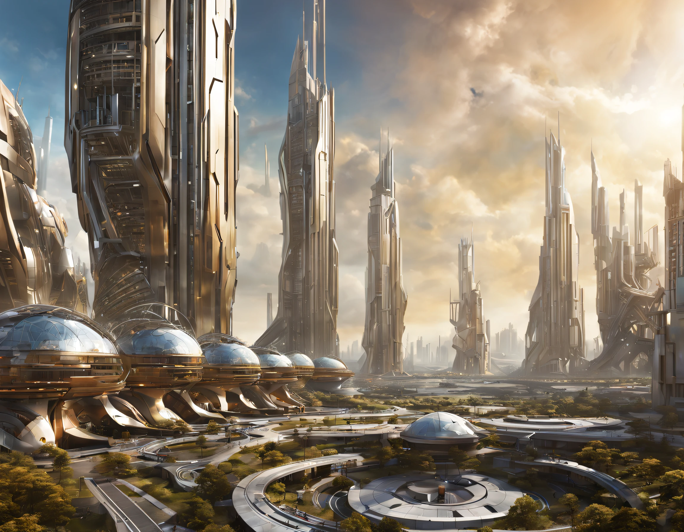 On an unknown planet there is a futuristic city with immense buildings of technological design, con estructuras acristaladas en plata, oro y bronce espectaculares en la que sobrevive un robot femenino espectacular. con colores vivos. pavimento ensolado.