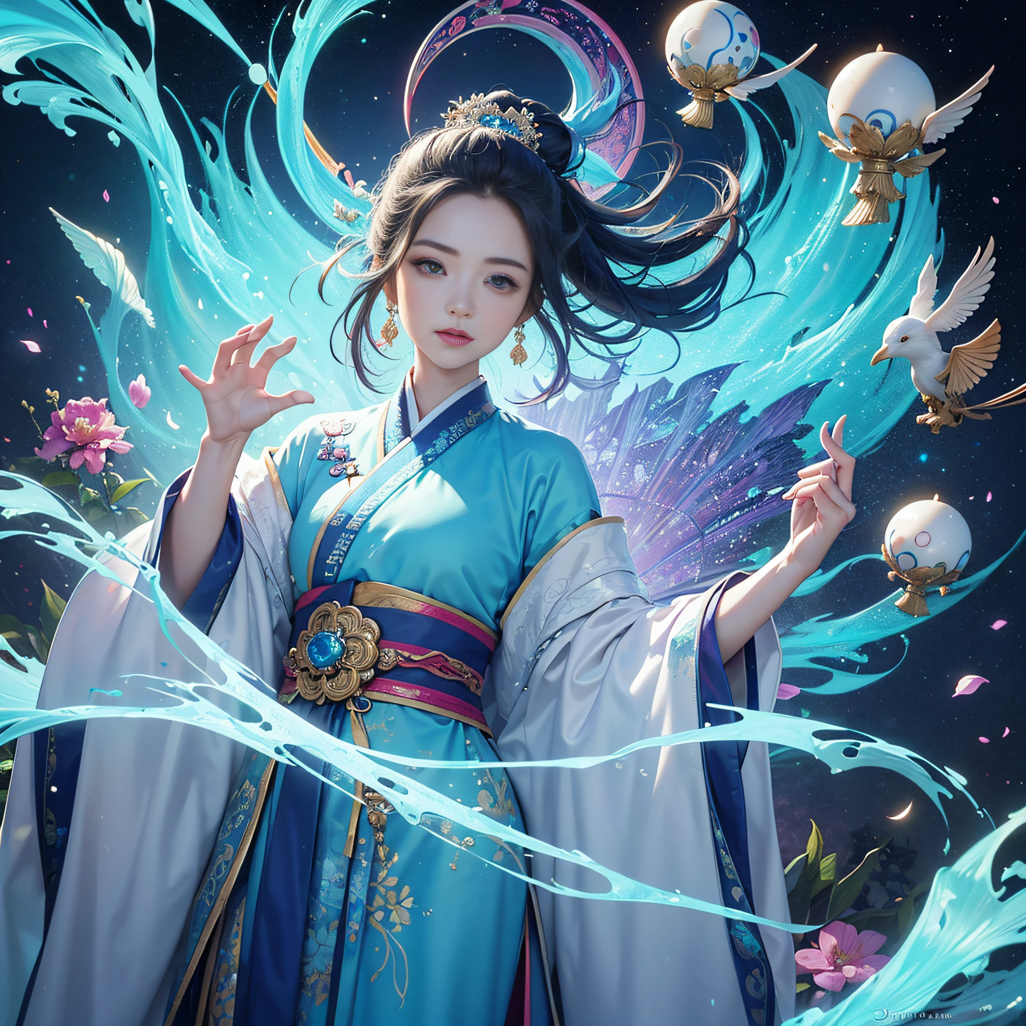 *8K Masterpiece, of the highest quality, Best Quality, Official art, (Beauty and aesthetics: 1.3), Extremely detailed, (Fractal Art: 1.3), Colorful, , Cyan and One Woman, Han Woman Media, Hanfu, cian --auto