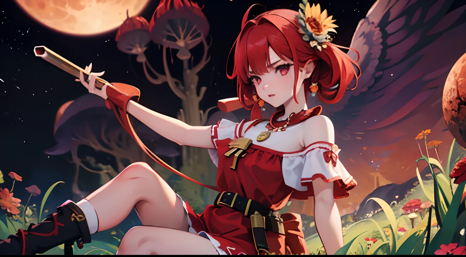 1 saint priest, red and white dress, red eyes, red hair,  girl, Spatula in hand, Best Quality, Ultra High Resolution, high detailed skin, high detailed face, belt, religious necklace, in a fantasy meadow, purple glowing tree, red sun, Best Quality, Ultra High Resolution, Best Quality, Ultra High Resolution,