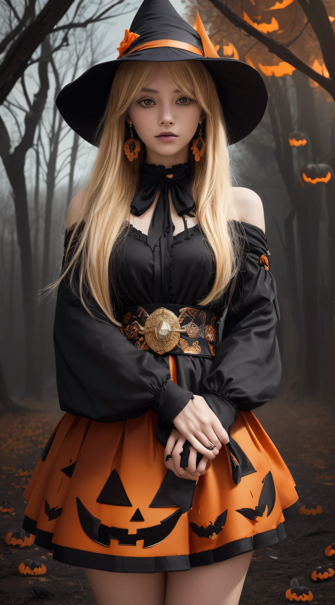 top-quality、Top image quality、masterpiece、teens girl((18year old,Black Wizard Hat、Black and orange sexy clothes,Orange and black skirt、Orange muffler,Best Bust、Bust 85、Blonde long hair,Black eyes、open chest wide、Valley、Happiness、A slender、Blood coating、Emphasis on the chest、Bats tattoo、Gold Earrings、Beckon motion、Cross your arms behind your back、Leaning forward))hiquality、Beautiful Art、Background with((natta、dark sky、Halloween at night、the bats、pumpkins,Nightmare、Halloween、in woods))、Depth(Beautiful black house),masutepiece、Elaborate design、visualart、high contract、The best lighting、highestdetailed、low angles