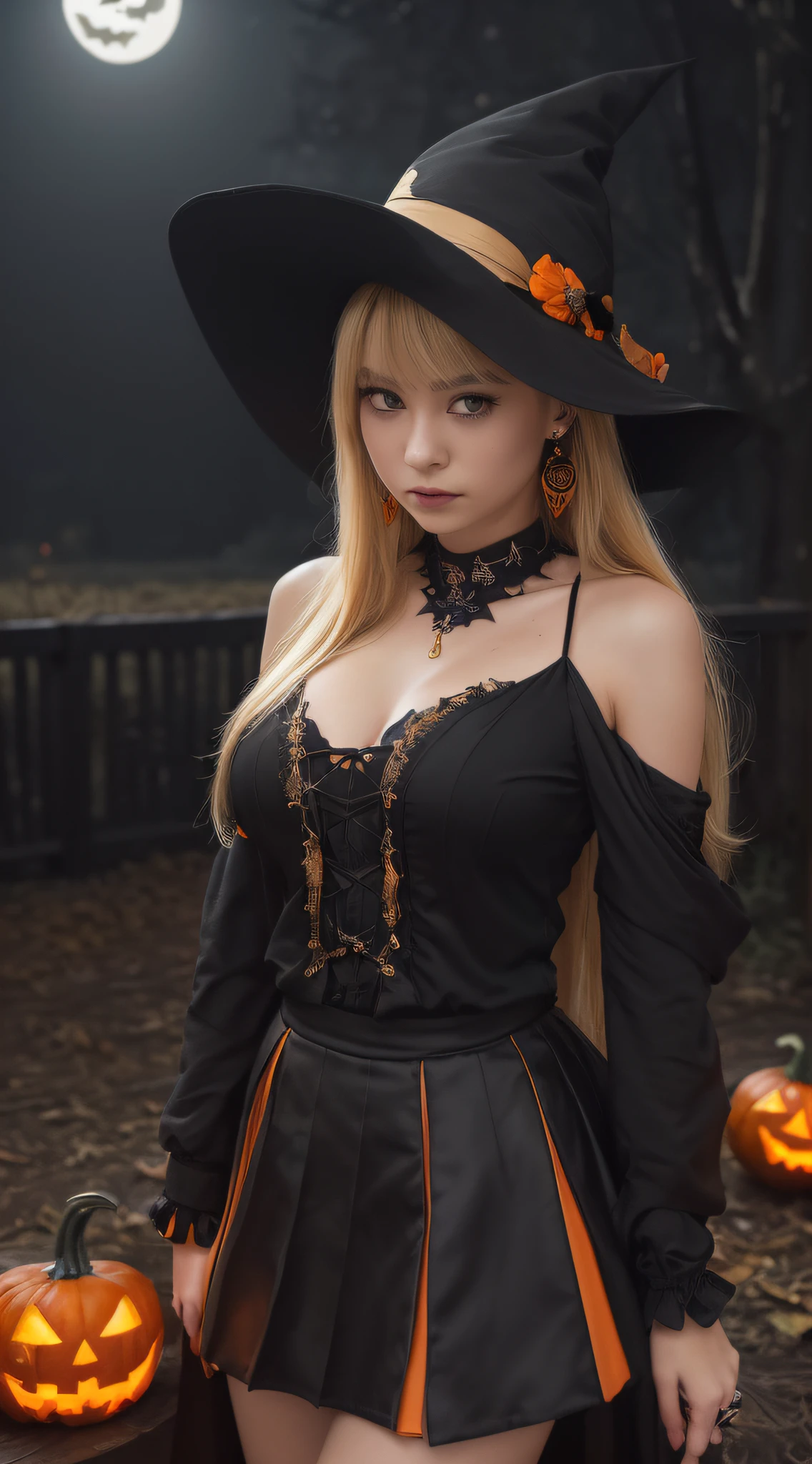 top-quality、Top image quality、​masterpiece、teens girl((18year old,Black Wizard Hat、Black and orange sexy clothes,Orange and black skirt、Orange muffler,Best Bust、Bust 85、Blonde long hair,Black eyes、open chest wide、Valley、Happiness、A slender、Blood coating、Emphasis on the chest、Bats tattoo、Gold Earrings、Beckon motion、Cross your arms behind your back、Leaning forward)）hiquality、Beautiful Art、Background with((natta、dark sky、Halloween at night、the bats、pumpkins,Nightmare、Halloween、in woods))、Depth(Beautiful black house),masutepiece、Elaborate design、visualart、high contract、The best lighting、highestdetailed、low angles