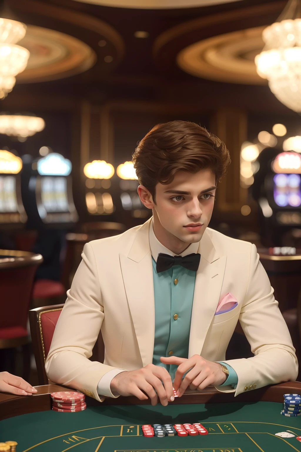 year: 2023. Location: Londres. Pre-Raphaelite scene with a 20-year-old Matthew Daddario, playing whist at a luxurious mysterious casino, in a frac, ((((Clothing from the 2020s)))) ((Hairstyle of the 2020s)), pastel colors, (((cinematic style)))