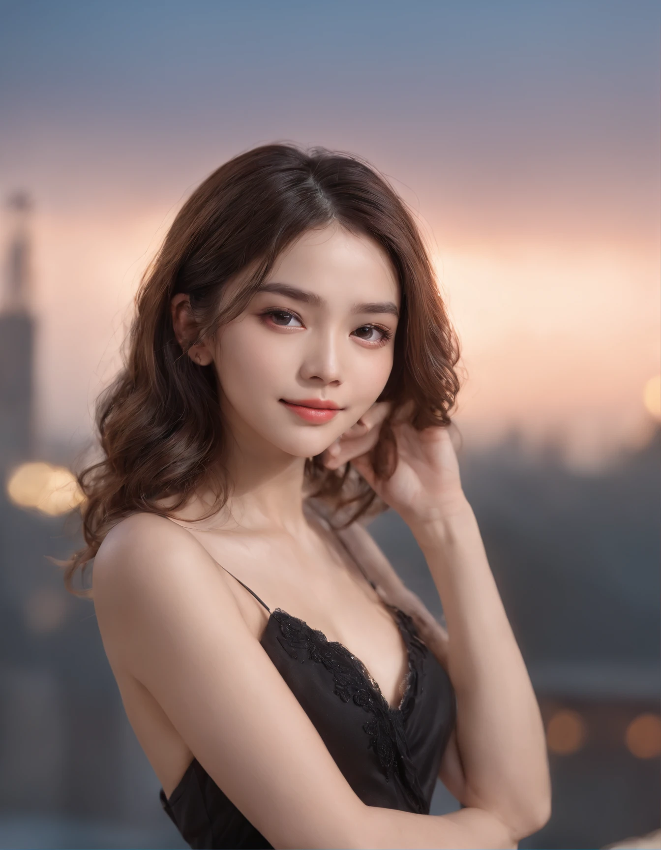 Random pose, mix4, (8K, RAW photo, Top quality, Masterpiece: 1.45), (Realistic, Photorealistic: 1.37), One girl, Cute, Smiling, Cityscape, Night, Professional lighting, photon maping, Radio City, physically-based renderingt, gradient black colour hair, Gray hair, short curly, Handsome, Girl, Small breasts, deep V neckline slip dress, quality photo, high resolution, 1080p, (Clear face), (Detailed face description), (Detailed hand description), (Masterpiece), Realistic, Extreme light and shadow, Disheveled hair, Masterpiece, rich details​, (Fine facial features), (best quality photo), (best quality photo), (Masterpiece), Look in front of you, fine collar bone,High-glossed axillary puffs,, Medium shot, high-quality photo.