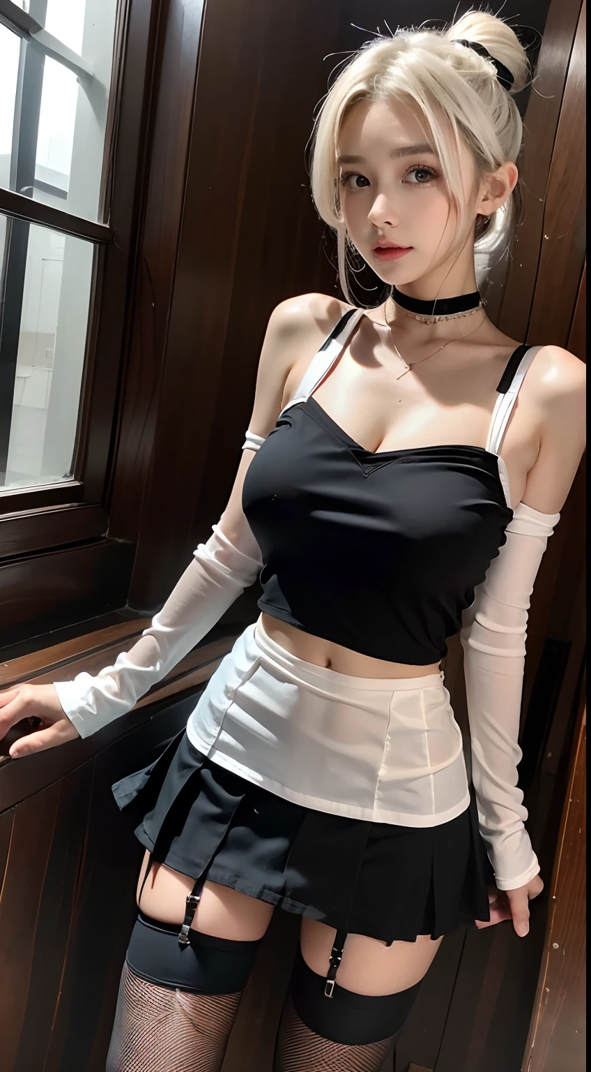 {{masutepiece}}, {{Best Quality}}, rainy day, Cityscape, in the cyberpunk city, Cityscape, Huge_filesize, wall-paper, girl, Medium Hair, White hair, Wavy Hair, hair-bun, hair pin, pink hairband, Beautiful detailed eyes,White Cut T-Shirt、Miniskirt, {Transparent underwear}, Fishnet stockings, knee_long boots, Necklace, Black Choker , half gloves , fingerless_mitts, Sexy Standing Pose、 Skirt lift,