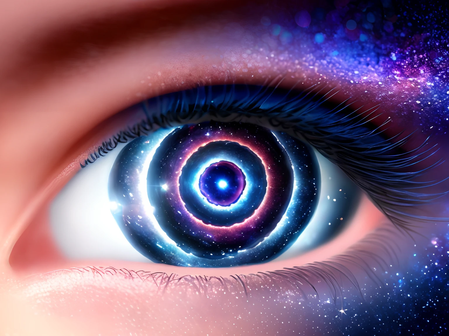 there is a close up of a person's eye with a galaxy in the iris, galaxy in eyes, the eye of the universe, galaxy in the eye 👁️, galaxy eyes, stars are hidden in the eyes, beautiful glowing galaxy eyes, stars as eyes, looking out into the cosmos, in the universe.highly realistic, stars in her gazing eyes, beautiful eye