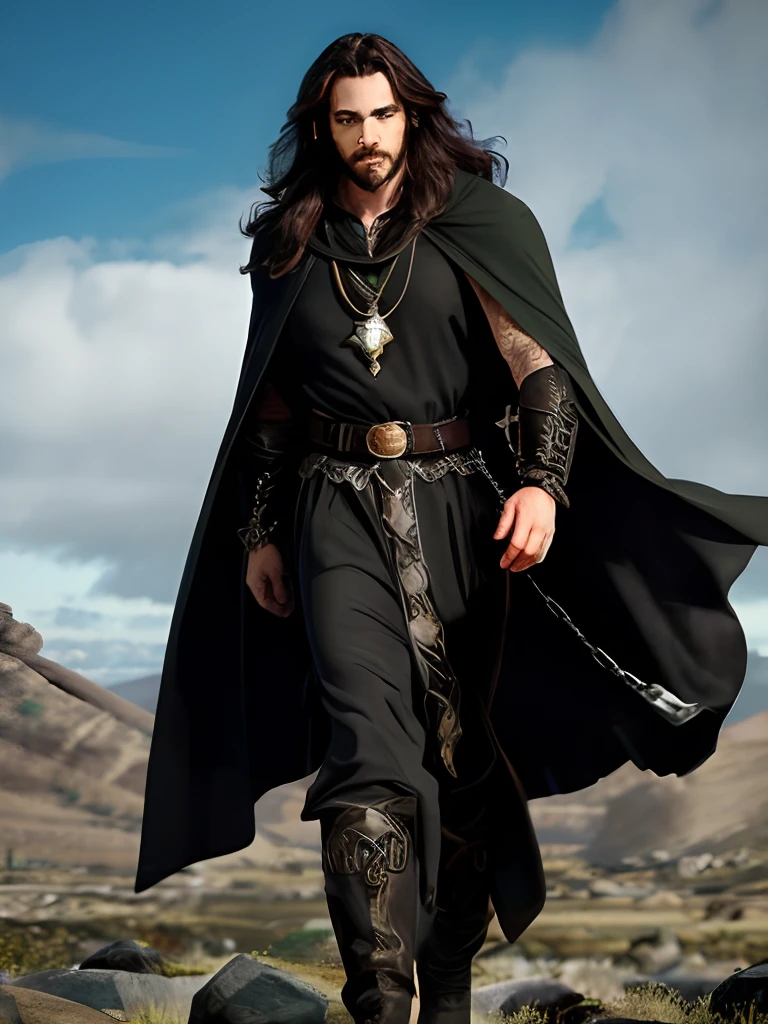 Fantasy male villain, dark robes, facial hair, green eyes, dark brown long hair, colorful magical gem necklace, walking in a desolate, dead rocky field, chain accesories on his body