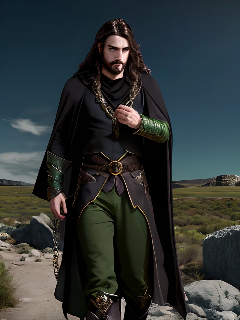 Fantasy male villain, dark robes, facial hair, green eyes, dark brown long hair, colorful magical gem necklace, walking in a desolate, dead rocky field, chain accesories on his body