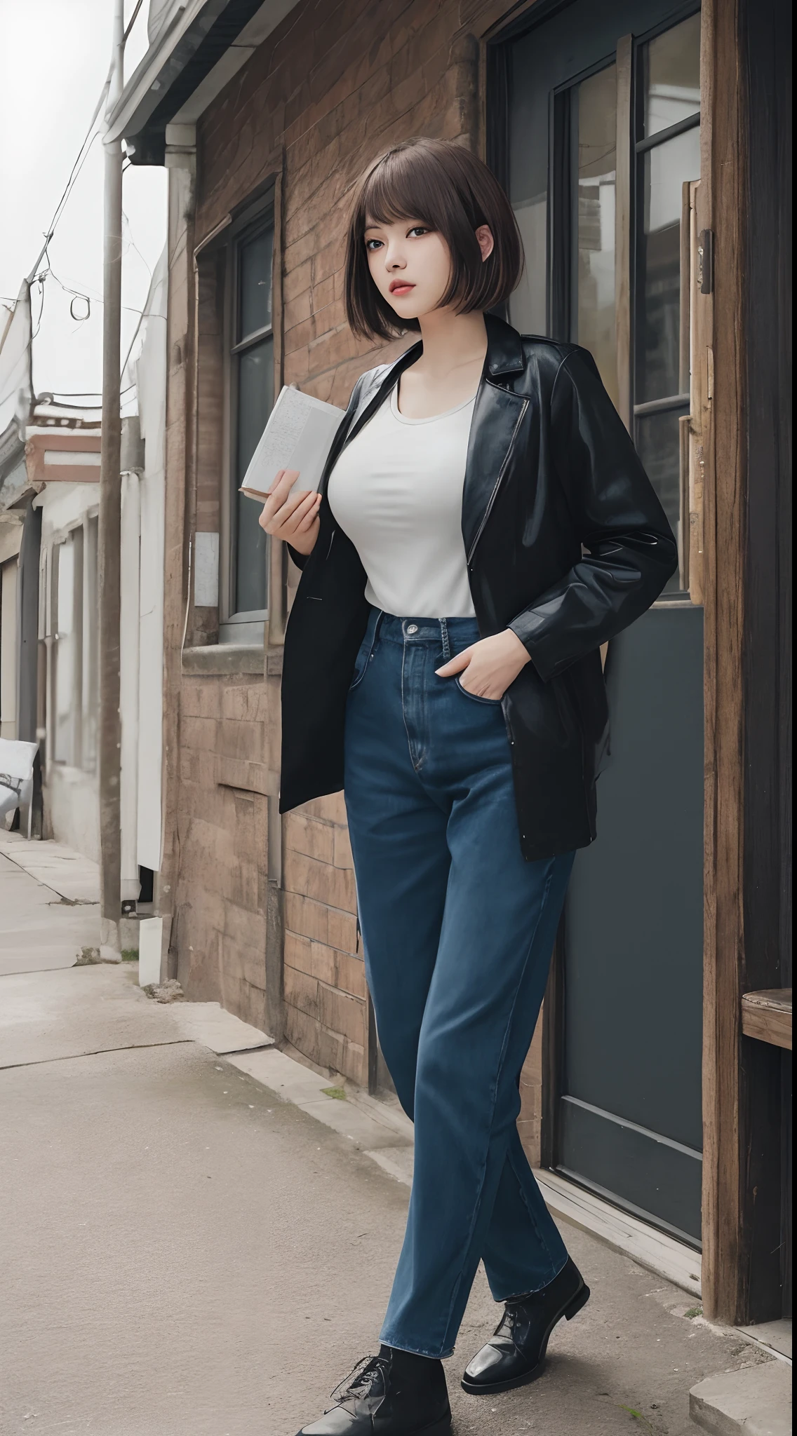 masutepiece、Best Quality、 ultra-detailliert、hight resolution、8K Wallpapers、Perfect dynamic composition,、Beautiful detailed eyes、(Beautiful Large Breasts:1.3)、27-year-old beauty、top-quality、Beautuful Women、Brown hair、Pattsun bangs、bob cuts、a small face、black business jacket、Black Business Pants、Colossal tits、Chest protruding heavily from the shirt,、A slender、slender body with large breasts,,,,,,,,、Leather Heel Shoes、up chest、Rooftop of an urban building、Holding a book in your right hand、Beautiful woman reading a book、The left hand puts his hand in the pocket of his pants、The beauty of looking at books、sunlight from sky、Silence、Transcendental tranquility、Super detailed illustration、extra detailed face、Raw photography、film grains、Deviantart Trends、