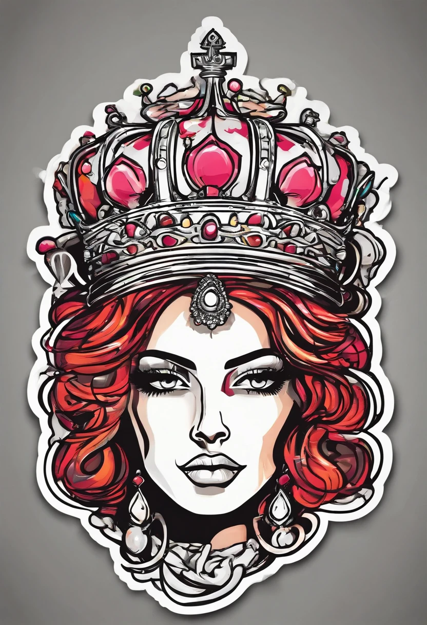 outlined sticker, brain with a queen crown, cartoon style