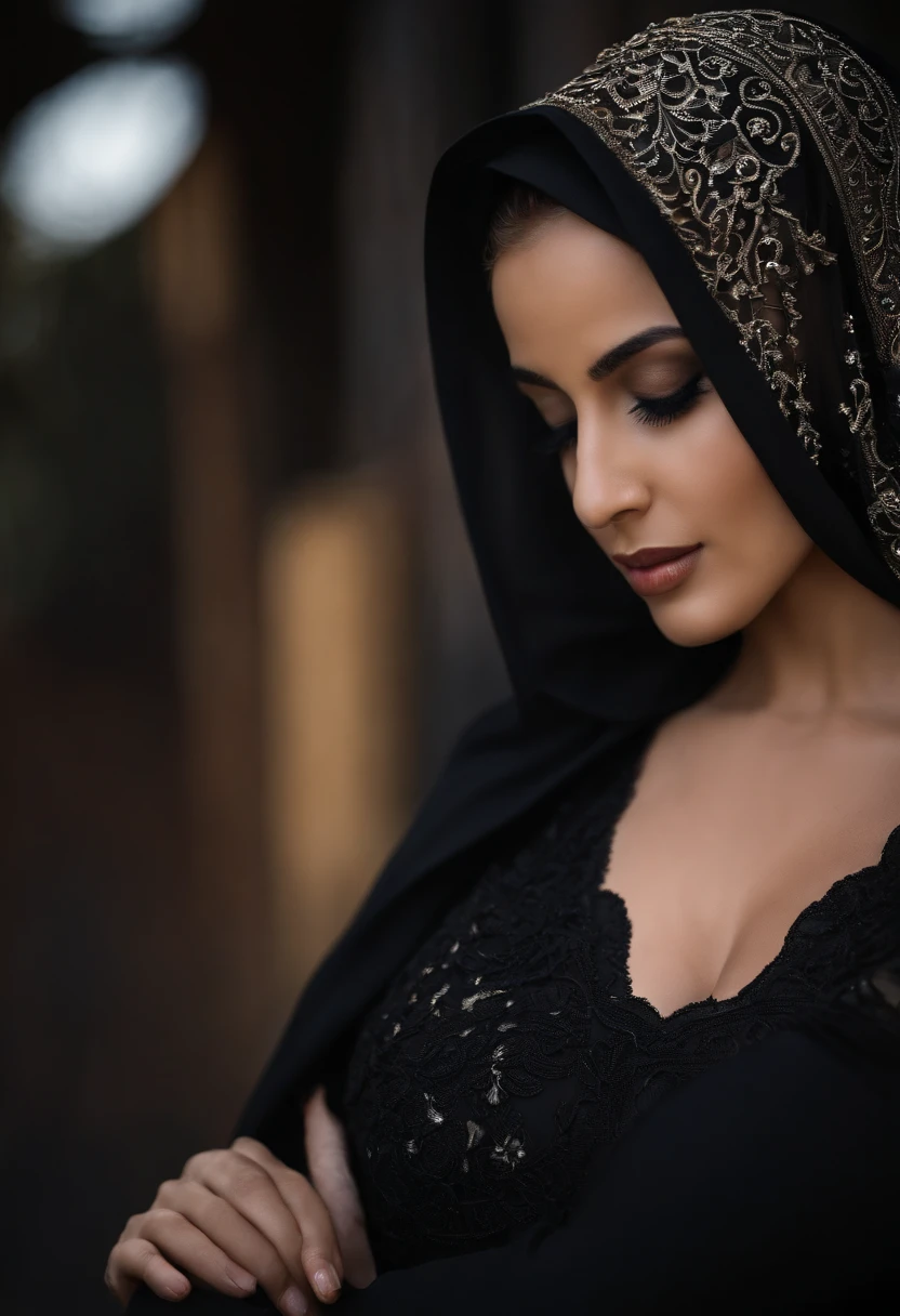 Woman in hijab. Wearing black color skin tight clothing. Clothing so tight it is like a part of the skin