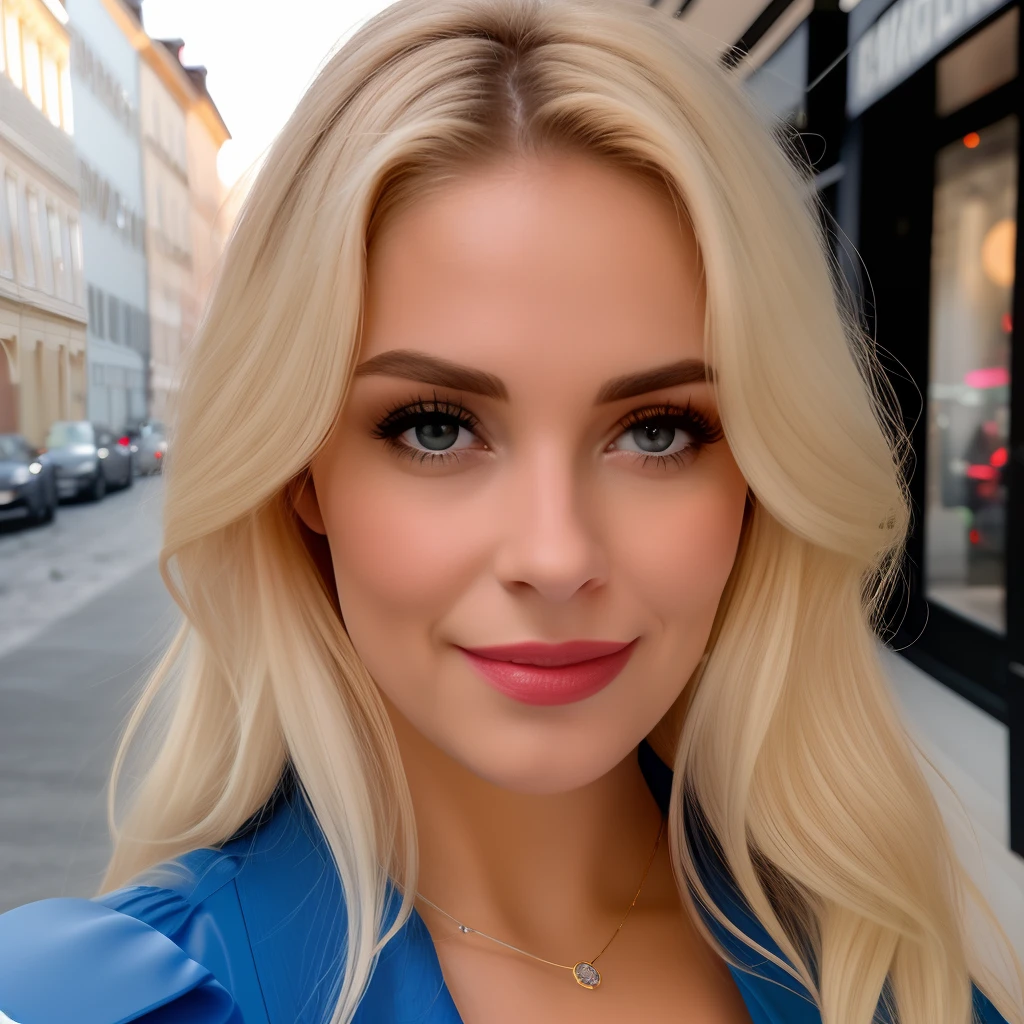blonde with blue eyes, Smiling, taking selfies, Shopping in the city, Sexy red outfit, Lara Stein, aleksandra waliszewska, Schulterlanges blonde hair, The most beautiful woman in the world, beautiful look, Perfect detail, Victoria's Secret-Modell, hair light, Cyan eyes, No closeup, blonde hair and blue eyes, long blonde hair and blue eyes, Without eyebrows
