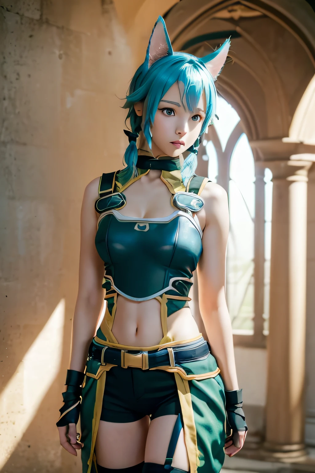 (masutepiece,the Extremely Detailed CG Unity 8K Wallpapers:1.5),(Large_breasts,beutiful breast,Farbe_aberration,beautiful detailed shadow,Beautiful eyes,Beautiful body,Beautiful skin,beautifull hands:1.5),(cowboys_shot:1.4),(Vivid colors,Realistic, hyper realisitic:1.5), masterpiece、top-quality、Hi-Res、女の子1人、sinon1、Animal ears、black ribbons、Black shorts、breastplates、Hair Ribbon、shortpants、hason、Fingerless gloves、Thigh strap、Green Armor、shoulder armer、Holy Church
