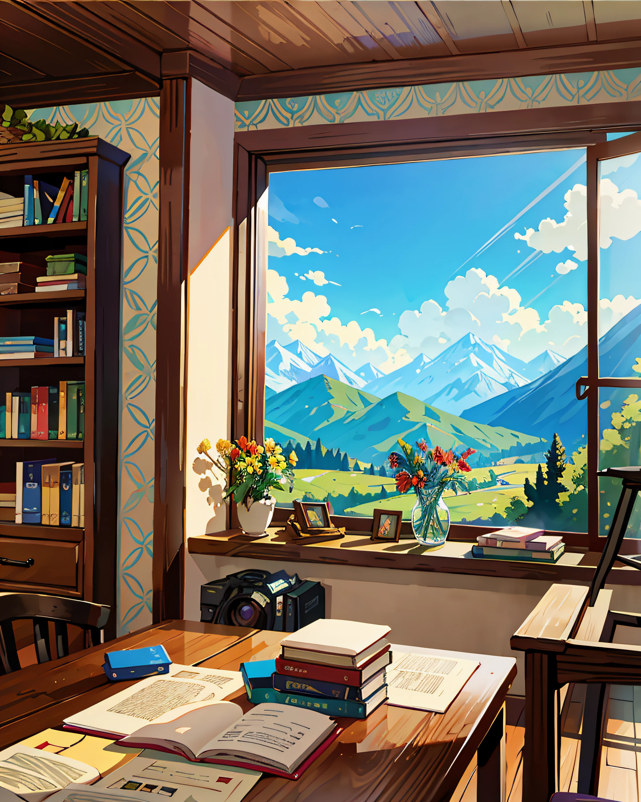 Masterpiece, a study room, Window leading to mountains view, books and computer and flower vase lying on the table, on a quiet afternoon, profesional art, art concept, landscape, (wallpaper unified 8k), best view, HD quality, detailed, perfect view, esthetic.