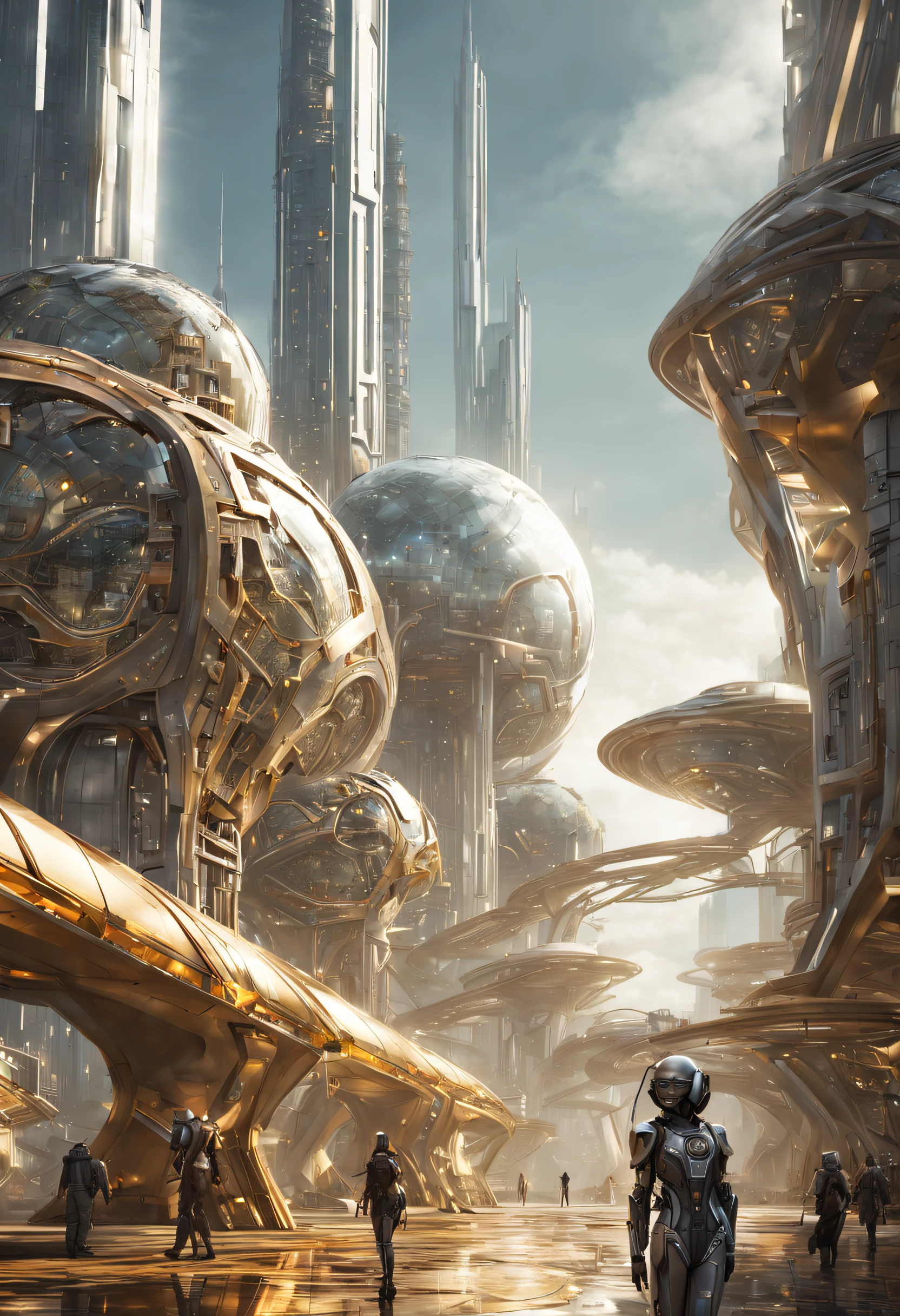 On an unknown planet there is a futuristic city with immense buildings of technological design, con estructuras acristaladas en plata, oro y bronce espectaculares en la que sobrevive un robot femenino espectacular. pavimento ensolado.