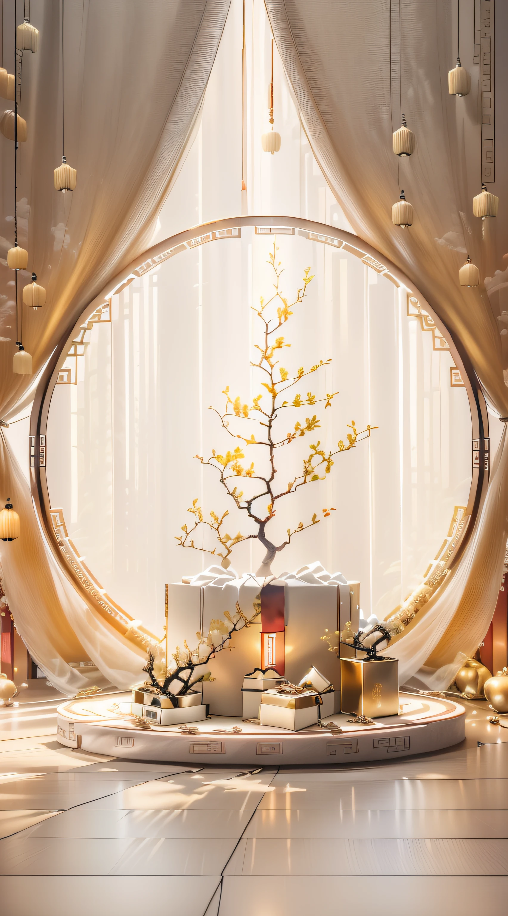 There is a white base，It has a landscape decoration and a Chinese gift box, The silk curtain opens in the middle to form a background, Gifts, Festive atmosphere, festivity, Gifts, Holiday, chinese decorations, gold, Relaxed. gold background, Golden silk, cream - colored room, in style of 3d render, National style background,personal room background，Ray traching，Cinematic lighting effects