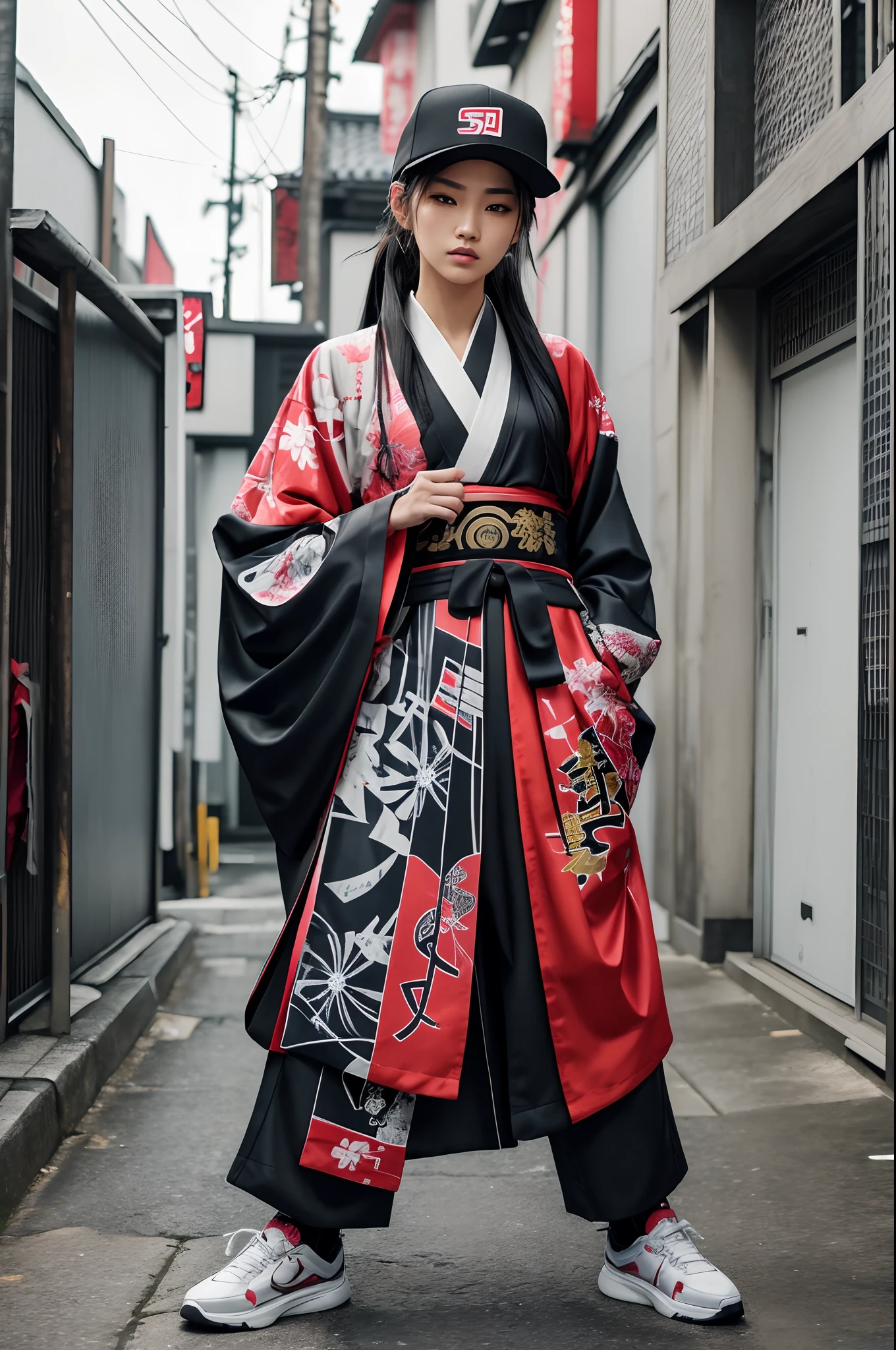 fashioncore fashion model female sports a combination of hip-hop style streetwear and traditional Japanese clothing. He rocks a Supreme wuxia hanfu with the iconic box logo, a symbol of his streetwise attitude. The kimono with graffit spray painted symbols is carefully paired with a hakama, a traditional Japanese garment, representing his admiration for Japanese culture dynamic hip hop poses swagger