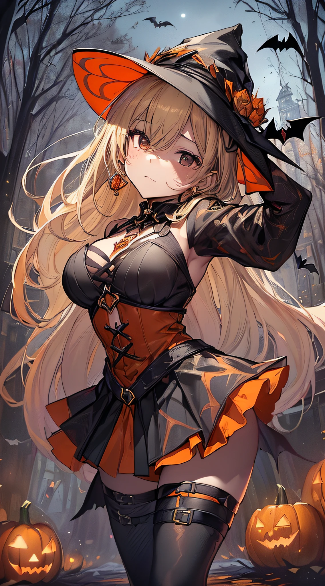 top-quality、Top image quality、​masterpiece、s girl((18year old,Black Wizard Hat、Black and orange sexy clothes,Orange and black skirt、Orange muffler,Best Bust、Bust 85、Blonde long hair,Black eyes、open chest wide、Valley、Happiness、A slender、Blood coating、Emphasis on the chest、Bats tattoo、Gold Earrings、Beckon motion、Cross your arms behind your back、Leaning forward)）hiquality、Beautiful Art、Background with((natta、dark sky、Halloween at night、the bats、pumpkins,Nightmare、Halloween、in woods))、Depth(Beautiful black house),masutepiece、Elaborate design、visualart、high contract、The best lighting、highestdetailed、low angles