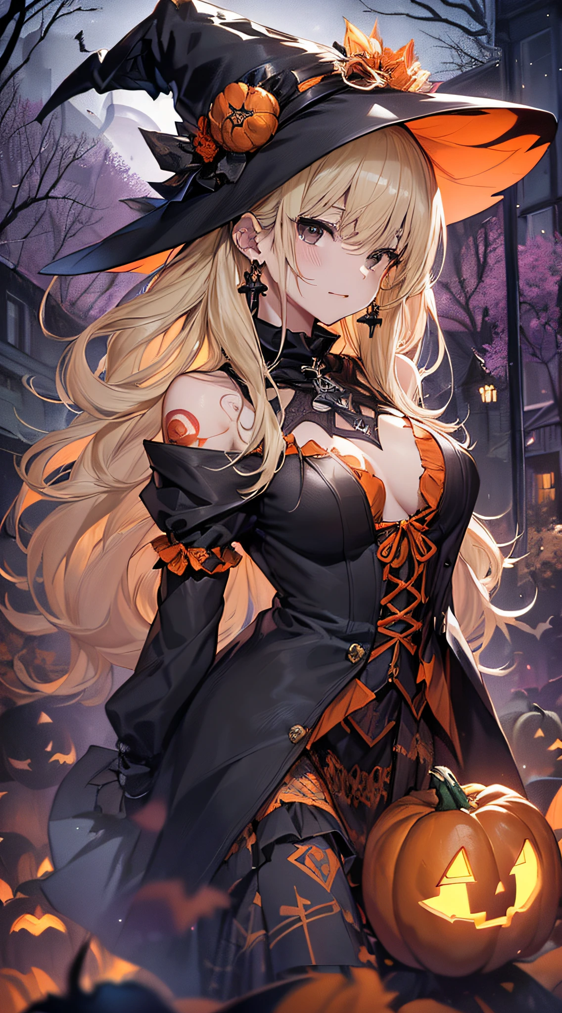 top-quality、Top image quality、​masterpiece、teens girl((18year old,Black Wizard Hat、Black and orange sexy clothes,Orange and black skirt、Orange muffler,Best Bust、Bust 85、Blonde long hair,Black eyes、open chest wide、Valley、Happiness、A slender、Blood coating、Emphasis on the chest、Bats tattoo、Gold Earrings、Beckon motion、Cross your arms behind your back、Leaning forward)）hiquality、Beautiful Art、Background with((natta、dark sky、Halloween at night、the bats、pumpkins,Nightmare、Halloween、in woods))、Depth(Beautiful black house),masutepiece、Elaborate design、visualart、high contract、The best lighting、highestdetailed、low angles
