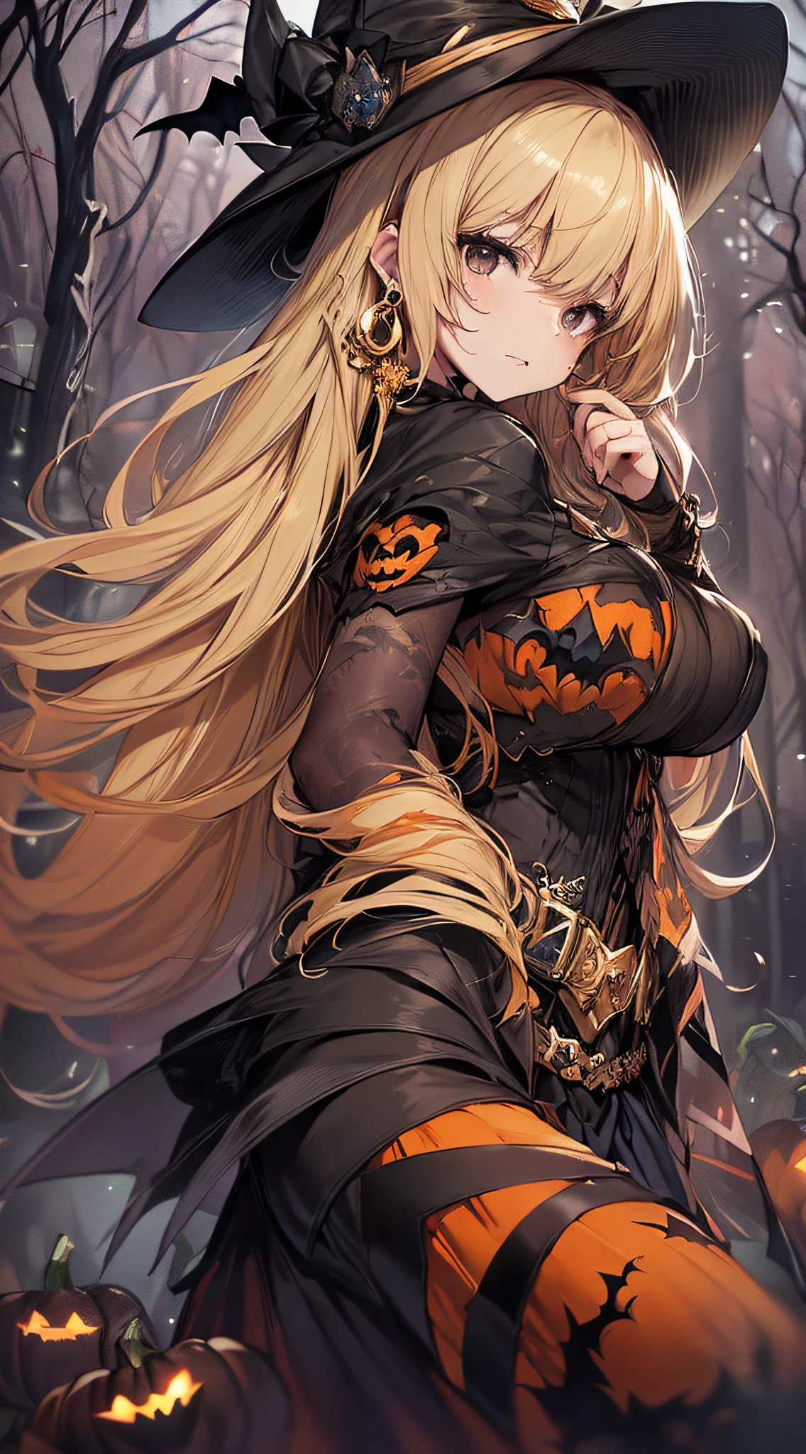 top-quality、Top image quality、masterpiece、teens girl((18year old,Black Wizard Hat、Black and orange sexy clothes,Orange and black skirt、Orange muffler,Best Bust、Bust 85、Blonde long hair,Black eyes、open chest wide、Valley、Happiness、A slender、Blood coating、Emphasis on the chest、Bats tattoo、Gold Earrings、Beckon motion、Cross your arms behind your back、Leaning forward))hiquality、Beautiful Art、Background with((natta、dark sky、Halloween at night、the bats、pumpkins,Nightmare、Halloween、in woods))、Depth(Beautiful black house),masutepiece、Elaborate design、visualart、high contract、The best lighting、highestdetailed、low angles