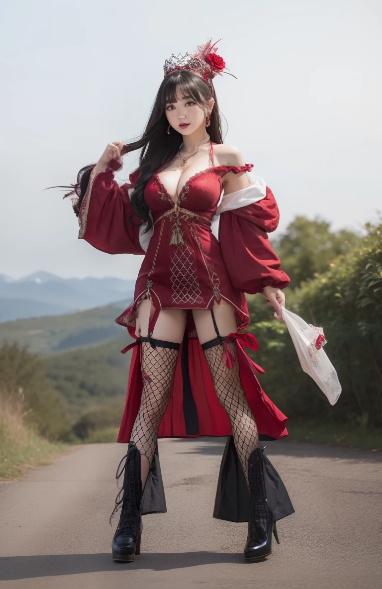 Queen of mini dresses、large full breasts、beautiful foot、long-haired、Decorated crimson dress、Good Style、、fishnet tights、