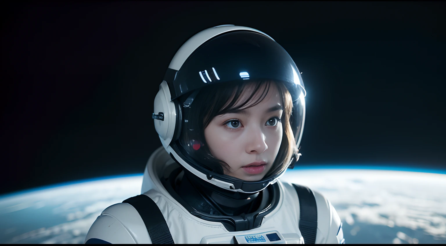 a picture、(Photorealsitic:1.4)、(hyper realisitic:1.4)、(Cinematic:1.5)、Woman in her 20s、caucasian female、(beautiful and delicate face)、(High-quality eyes)、fashion photograhy、space suits、helmets、Reflection on helmet shield、A space station、Dark blue tones、planet earth、Looking into the distance
