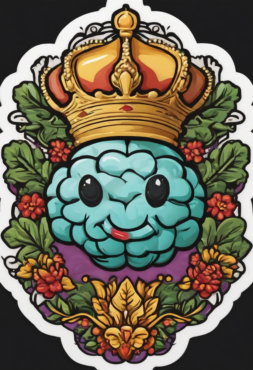 contoured sticker, brain with a crown, cartoon style A brain with a crown, appearing as a contoured sticker in a vibrant and playful cartoon style. The brain is intricately detailed, with every fold and curve carefully outlined. The crown adorning the brain is majestic and sparkles with vibrant colors, adding a regal touch to the overall composition. The sticker itself has a glossy finish, reflecting light and creating a sense of depth. The cartoon style of the artwork emphasizes bold and exaggerated features, adding a whimsical touch. The colors used are vibrant and saturated, creating a joyful and lively atmosphere. The contours of the brain and the crown are well-defined, enhancing the visual impact and ensuring clear recognition of the subject matter. With the best quality and attention to detail, the brain with a crown sticker stands out as a pixel-perfect 4k masterpiece. The colors are vivid and dynamic, bringing out the playful nature of the cartoon style. The ultra-detailed representation of the brain and crown showcases the artist's dedication to precision. The lighting is soft, with a spotlight positioned to illuminate the brain and crown, creating a focal point and adding depth to the composition. The colors of the light are warm and inviting, enhancing the overall charm of the artwork. In this vibrant and whimsical artwork, the contoured sticker featuring a brain with a crown in a cartoon style captures the imagination with its playful aesthetic and attention to detail.