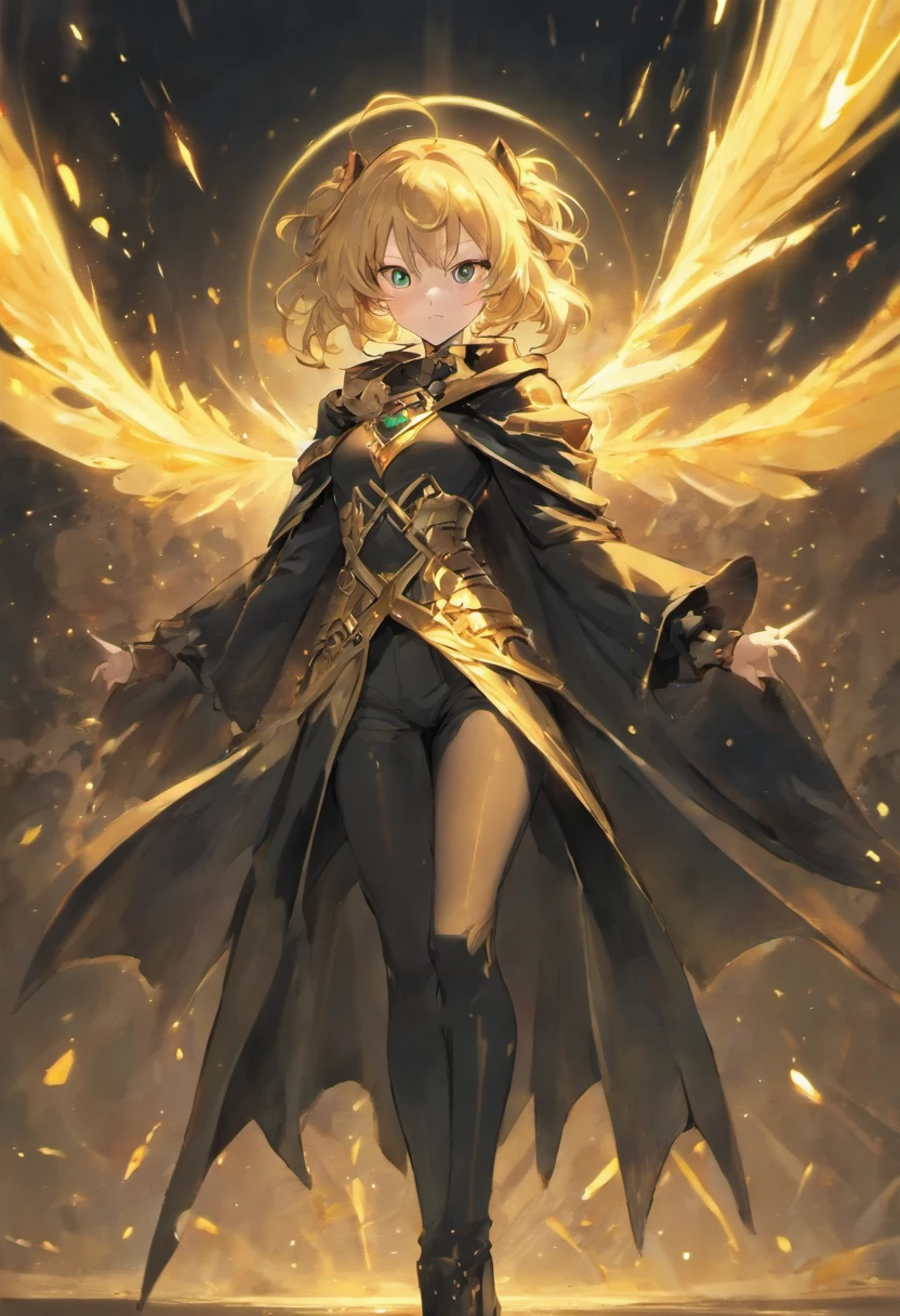 full body, ((masterpiece)), sorcerer woman, golden eyes, cute face, black cloak, black shirt, golden chest armor, black pants, black long boots cover in golden armor, black gloves cover in golden armor, freckles, ponytail, blonde hair, standing