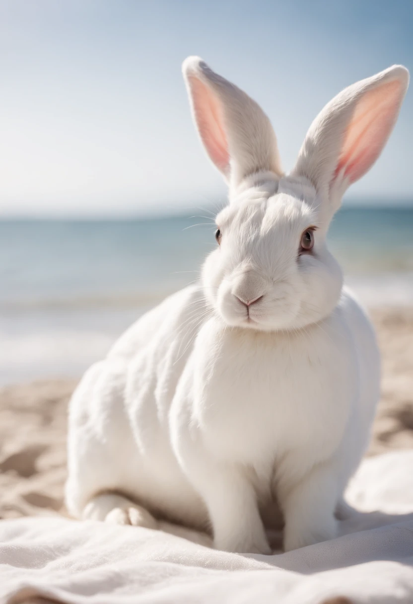 Anthro white bunny wearing nothing laying on towel on her front side with breasts and butt expsosed\visible at the beach in the sun