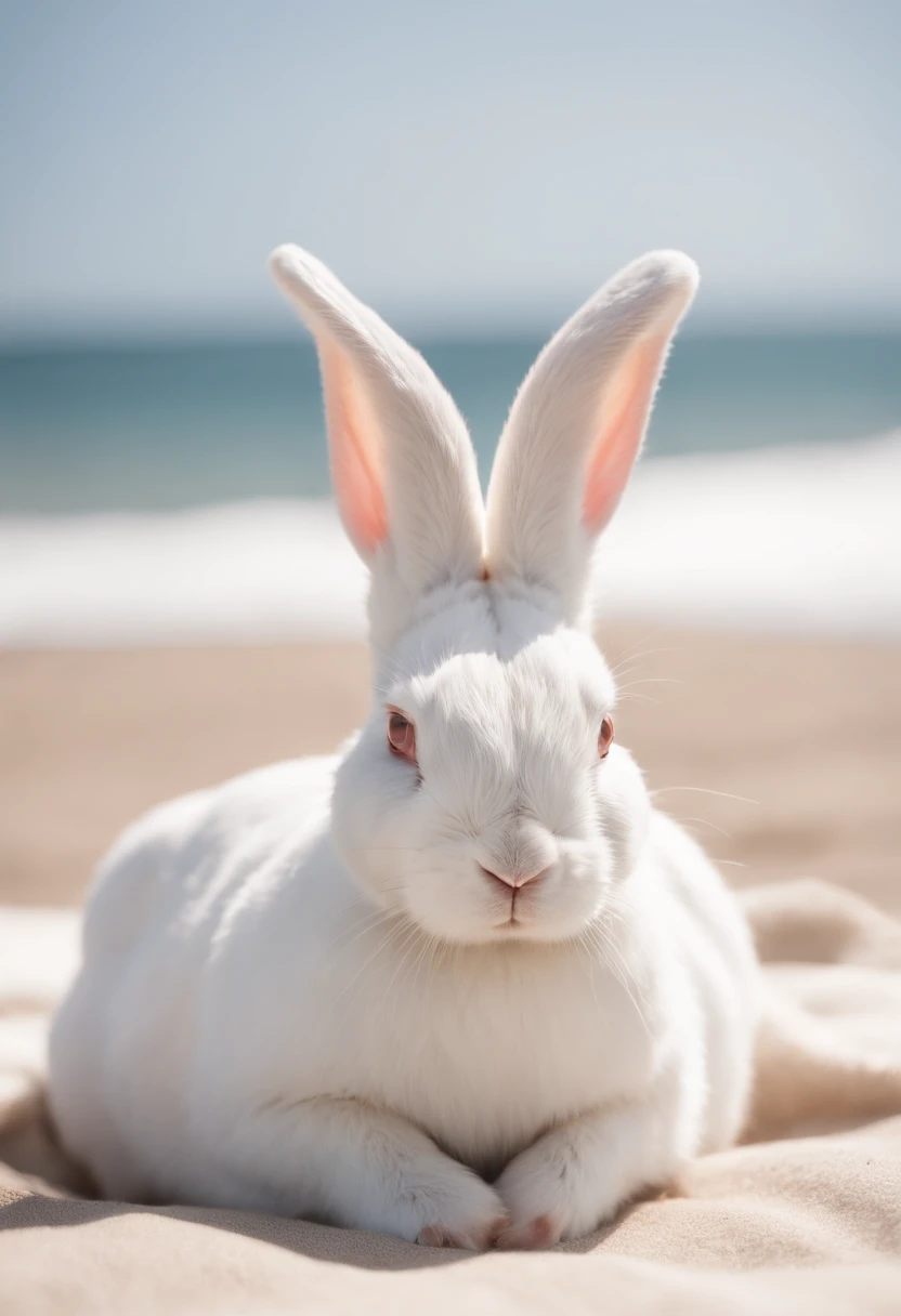 Anthro white bunny wearing nothing laying on towel on her front side with breasts and butt expsosed\visible at the beach in the sun