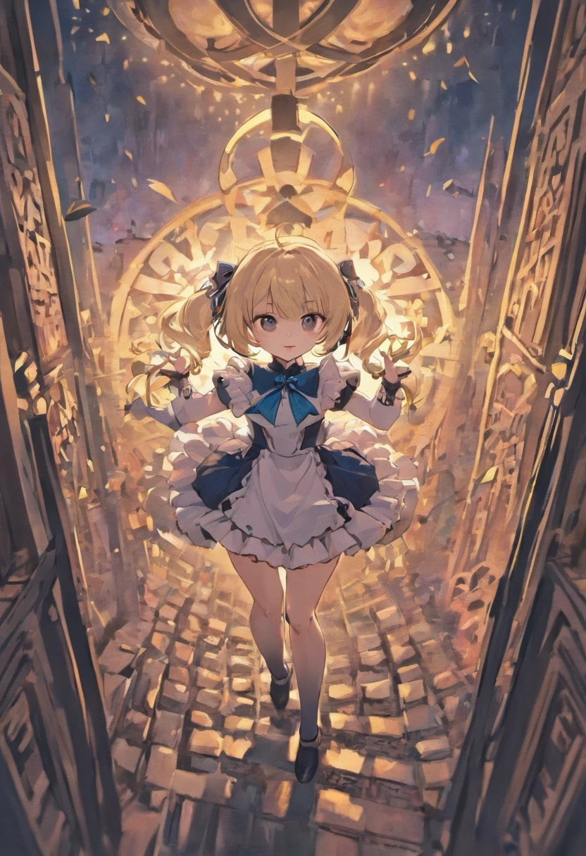 Cute little loli，dual horsetail，cabelos preto e longos，Dressed in a gorgeous lace-trimmed maid outfit，Her hair is tied with a gorgeous blue ribbon，Black silk stockings，Wear a pair of high-heeled sandals on your feet