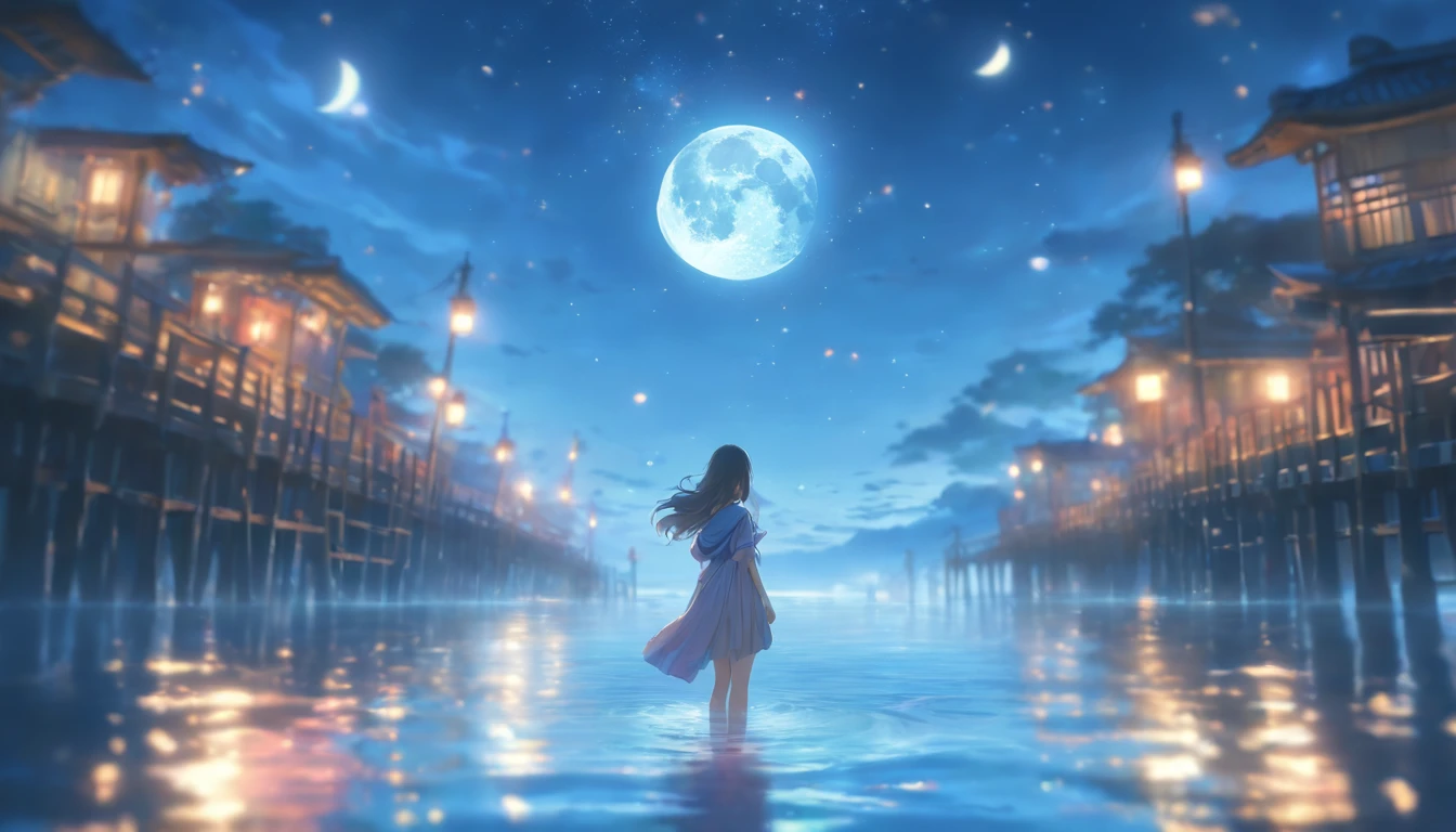 A girl holding the moon gazes at the sea in an illustration, with an ethereal and dreamy quality, mori-kei style, long exposure, serene face, romantic use of light, bright water, and transcendent art as the style. (best quality,4k,8k,highres,masterpiece:1.2),ultra-detailed,(realistic,photorealistic,photo-realistic:1.37),HDR,UHD,studio lighting,ultra-fine painting,sharp focus,physically-based rendering,extreme detail description,professional,vivid colors,bokeh,portraits,landscape,horror,anime,sci-fi,photography,concept artists,soft and dreamy color tone,romantic lighting